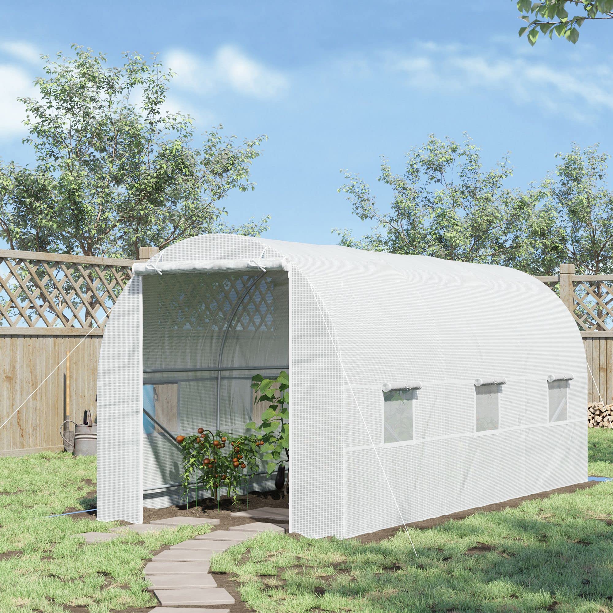 Outsunny 15x7x7ft Walk-in Greenhouse with 6 Roll-up Windows & Door, Large Steel Frame Garden Hot House Kit for Vegetables, Flowers & Plants - Perfect for Backyard Gardening & Year-Round Plant Protection