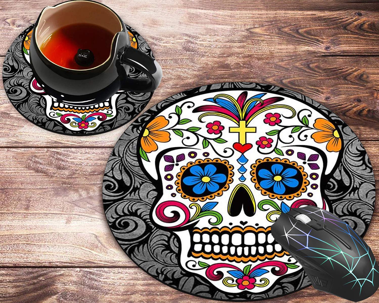 Round Mouse Pad and Coasters Set with Sugar Skull Design - Non-Slip Rubber Base for Office & Gaming - Ergonomic Computer Accessories for Workstations and Home Desks