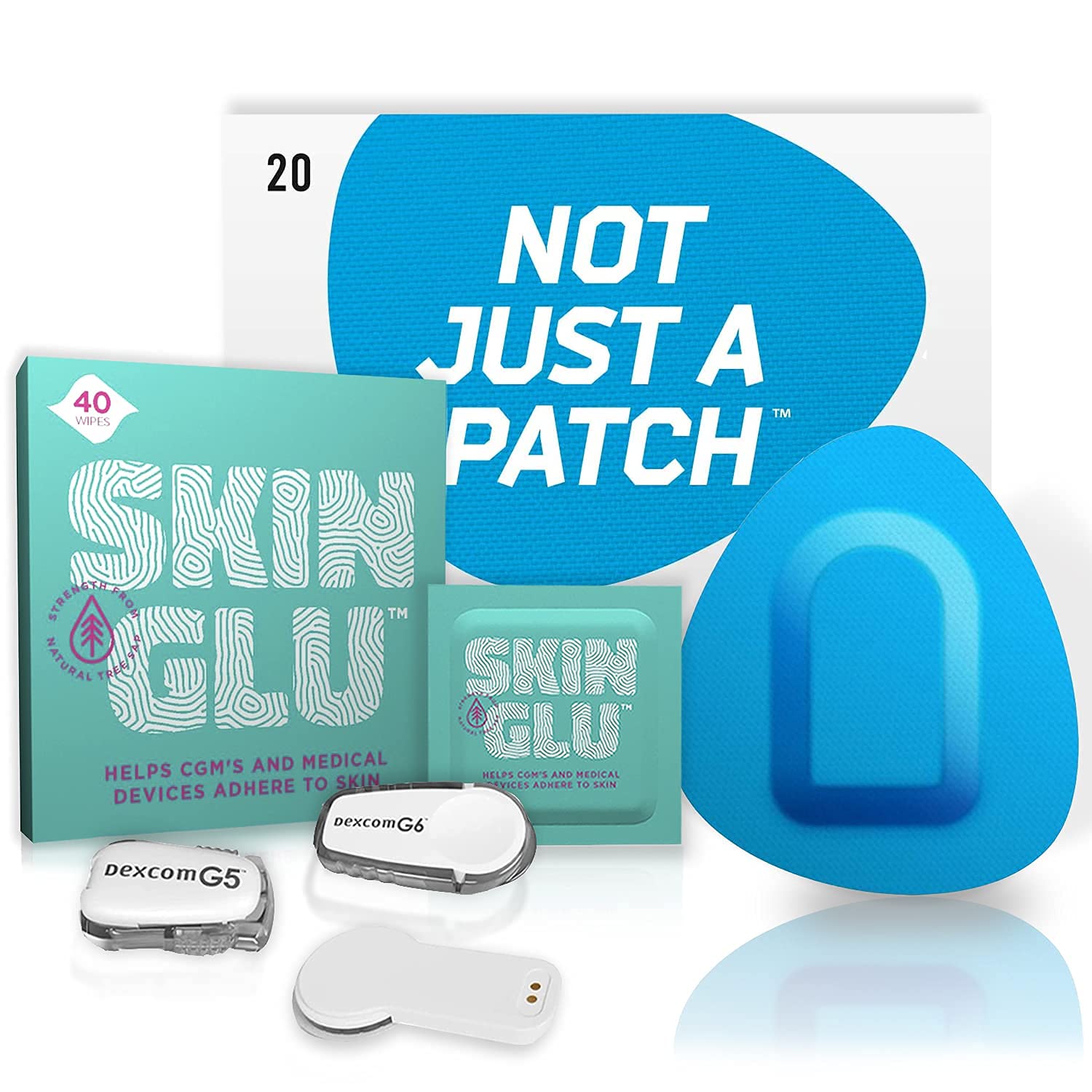 **Dexcom G4 G5 G6 & MiaoMiao Adhesive Patches with Skin Glue – CGM & Infusion Site Protection – 20 Blue Patches & 40 Barrier Wipes – Secure & Waterproof for Active Lifestyles**