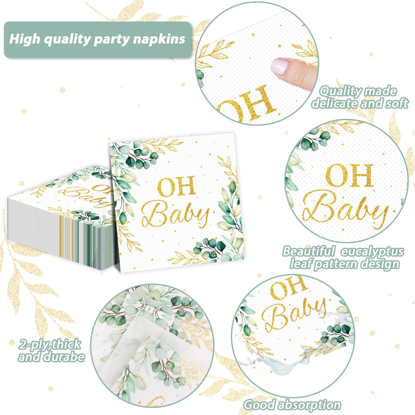 Organic Eucalyptus Leaf Print Disposable Paper Napkins - 50 Pack, Sage Green Baby Shower Party Supplies for Boys Girls Kids, Luncheon Table Decorations | Perfect for Baby Showers, Bridal Showers, and Spring Themed Parties