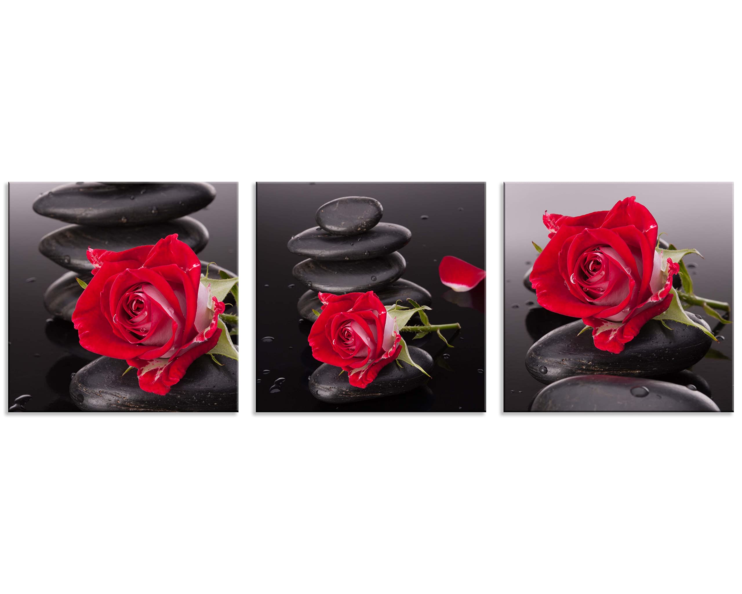 Red Canvas Wall Art - Zen Stones & Rose Pictures for Bedroom, Living Room, Kitchen & Bathroom Decor | Black & White Spa Style Home Decorations | Flower Paintings & Wall Artwork for Relaxing Spaces