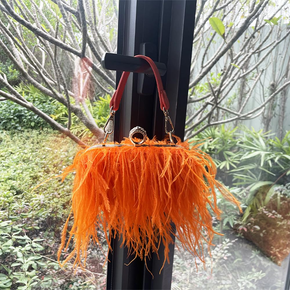 Luxury Women's Ostrich Feather Tote Bag - Fluffy Fringe Clutch Evening Handbag for Party, Prom, Wedding & Special Occasions - Elegant Orange Feather Purse for Women's Fashion Accessories