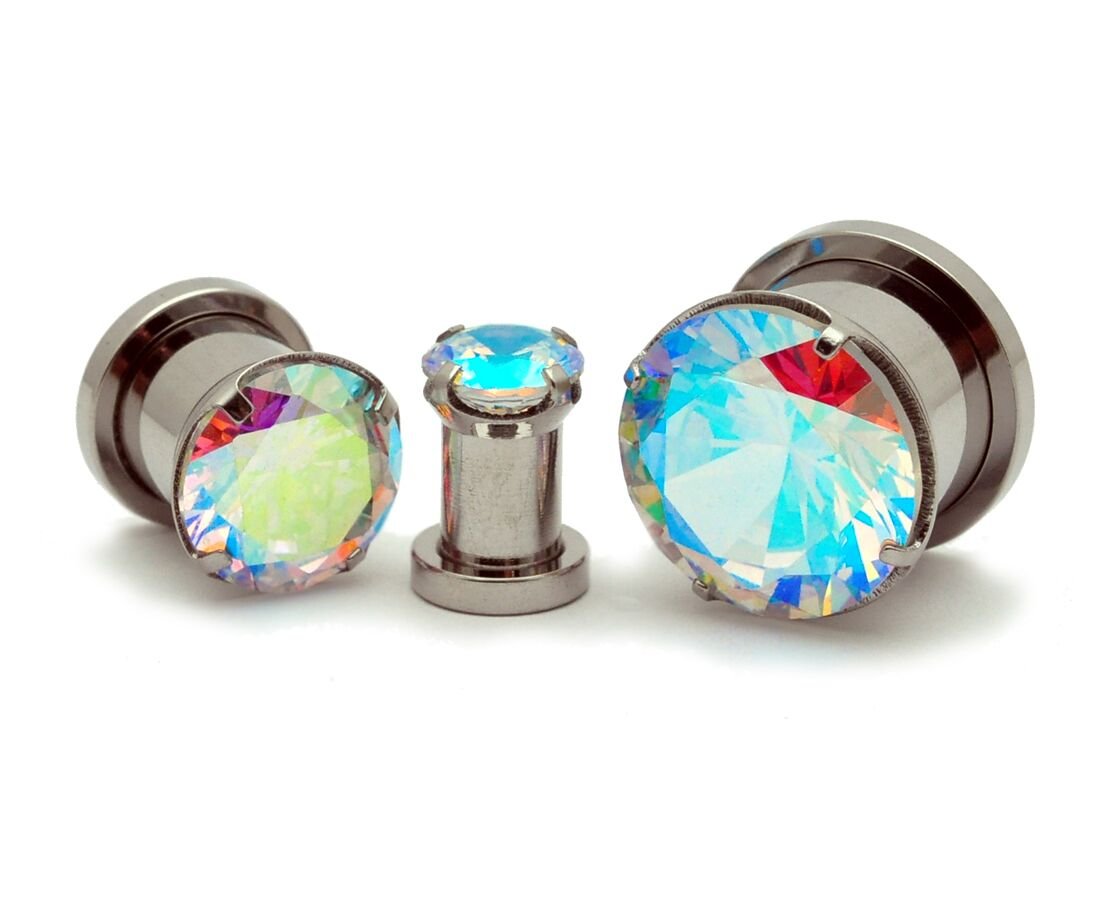 316L Stainless Steel Screw-On Body Jewelry Plugs with Prong-Set Multicolor CZ Stones - Mystic Metals (PS-148) - Perfect for Ear Stretching, Piercings & Alternative Fashion