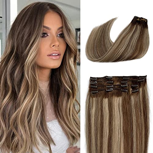 22 Inch Clip in Hair Extensions Real Human Hair - Balayage Brown to Ash Brown & Bleach Blonde | 70g 7pcs Full Thick Remy Hair Clip-ins for Volume & Length | Perfect for Parties, Weddings & Daily Styling