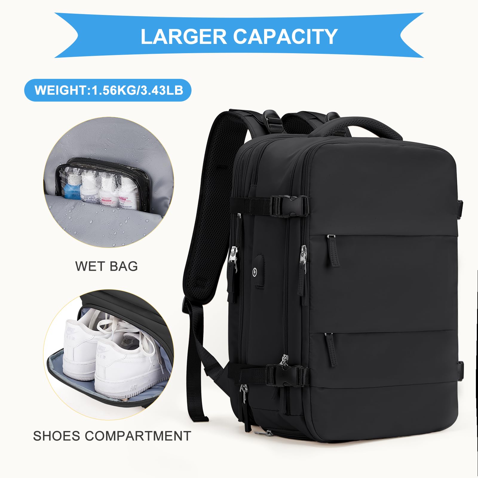 Coowoz Large Travel Backpack for Women & Men - Waterproof Expandable Carry On Backpack for Hiking, Outdoor Sports & Daily Use - Heavy Duty Extra Large Rucksack with Expansion (Black) - Perfect for Air Travel, Camping & Work Commute