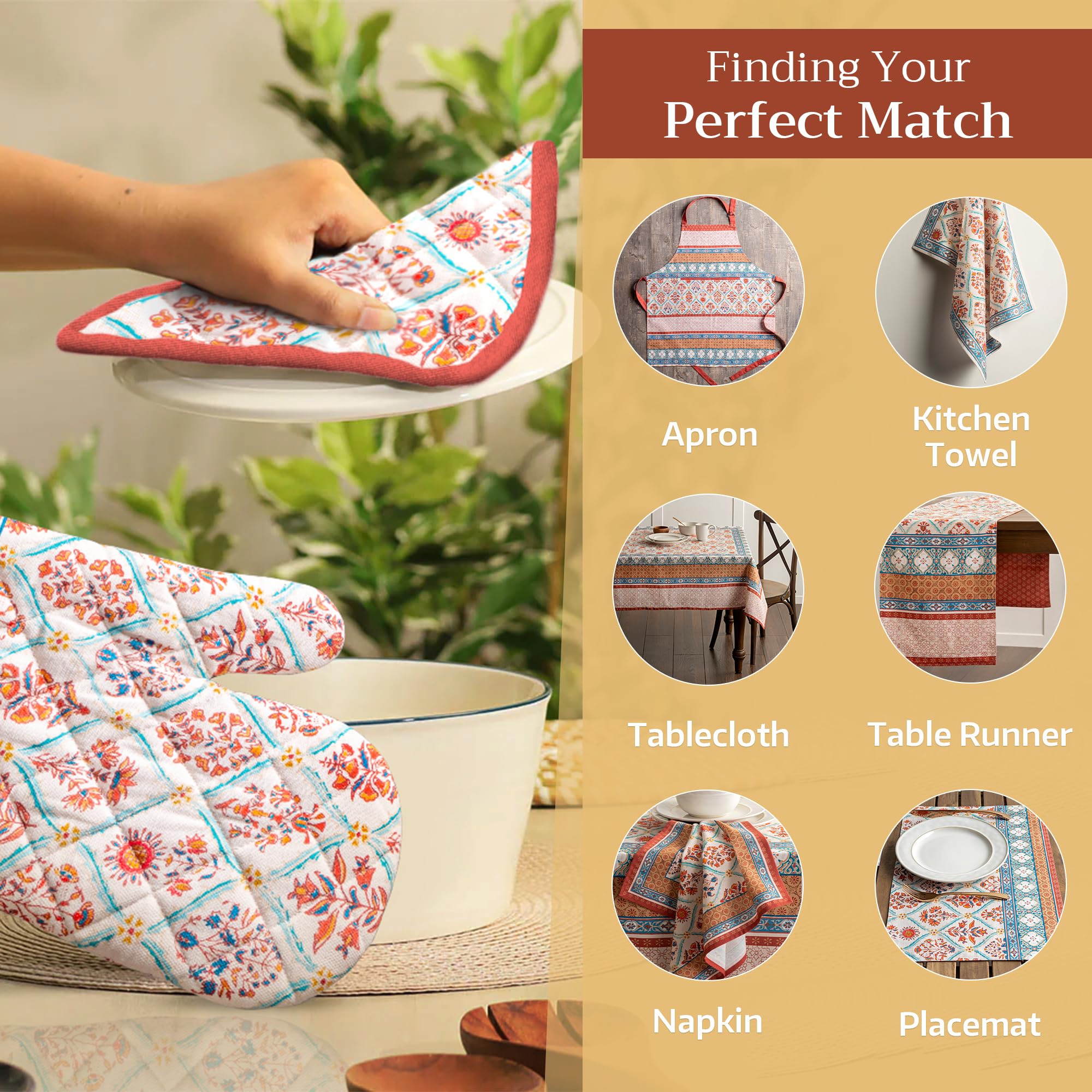 Hermine Cotton Oven Mitt & Pot Holder Set - Thick Heat-Resistant Kitchen Gloves (7.5x13 & 8x8 Inches) for Baking, BBQ, Cooking - Soft Durable Cachemire Material - Perfect for Thanksgiving, Christmas & Holiday Cooking Gifts