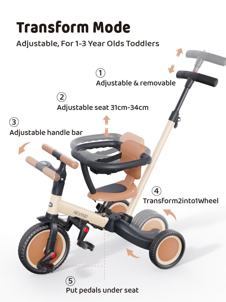 Newyoo TR008 5-in-1 Toddler Tricycle with Push Handle - Convertible Kids Trike for 1-3 Year Old Boys & Girls | Safe Push Bar, Balance Bike Conversion | Perfect Birthday Gift & Outdoor Play Toy (Cream) - Ideal for Park Rides, Backyard Fun & Learning to Ride