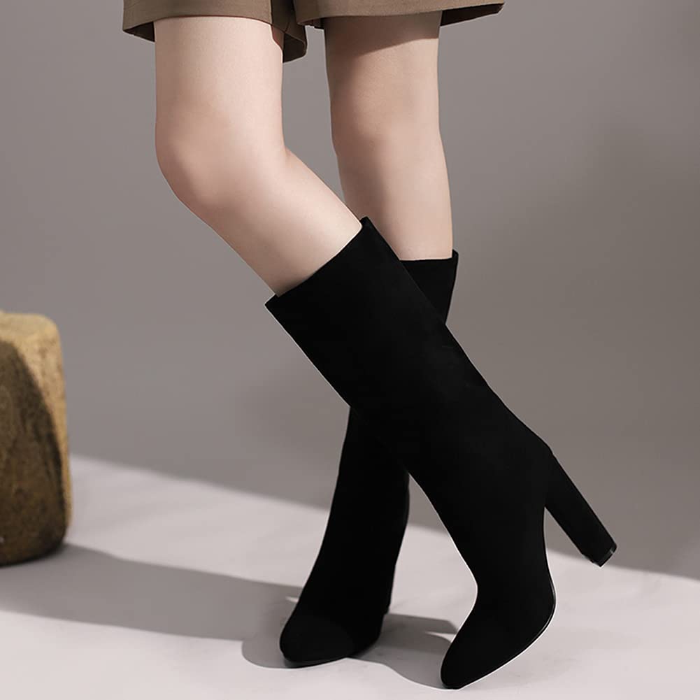 Roimaash Women's Fashion Mid-Calf Block Heel Boots - Pull On Winter Ankle Boots for Casual Outfits & Office Wear