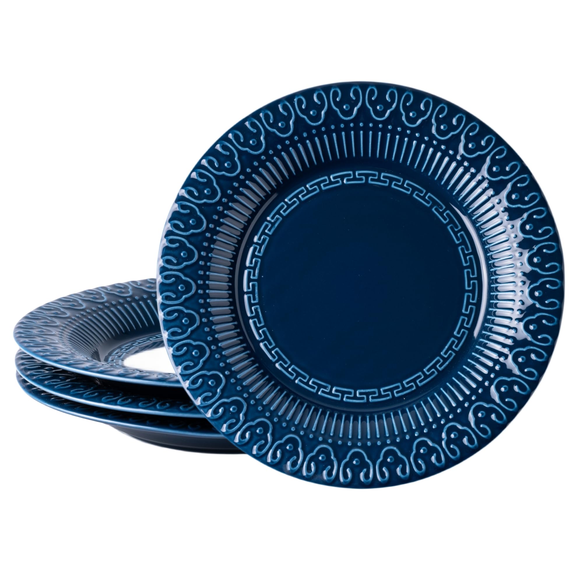 AmorArc 8 Inch Ceramic Dinner Plates Set of 4 - Embossed Salad & Dessert Plates, Microwave & Dishwasher Safe, Scratch Resistant Blue Tableware - Perfect for Appetizers, Bread, Pasta, and Everyday Dining