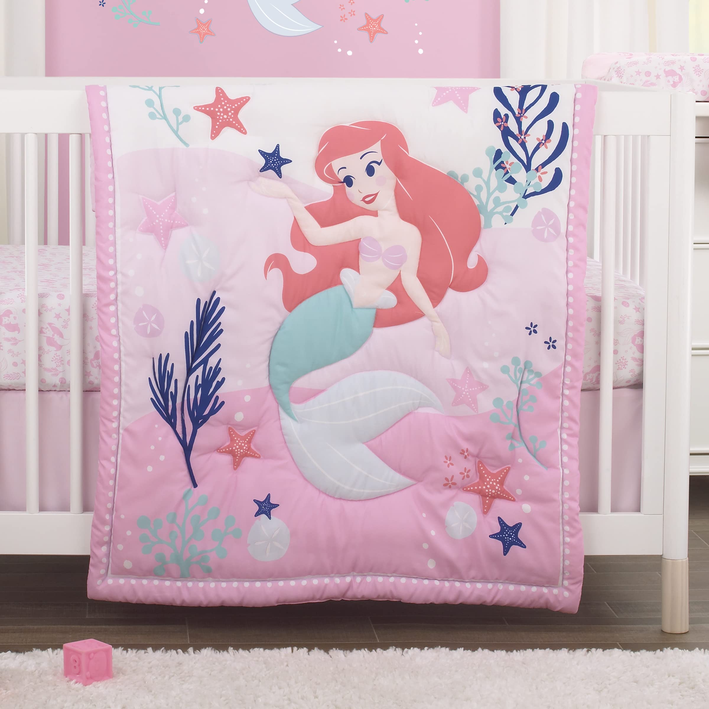 Disney The Little Mermaid Ariel 4-Piece Nursery Crib Bedding Set - Pink Aqua Coral Comforter, Fitted Sheet, Changing Pad Cover & Skirt | Baby Girl Room Decor | Perfect for Newborns & Toddlers | Nursery Theme Decorations