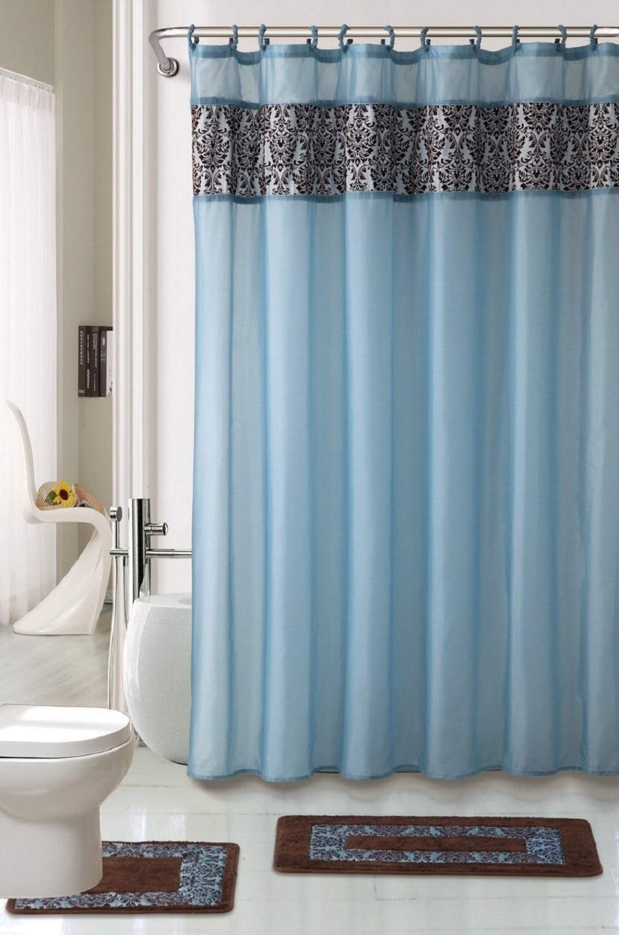 19-Piece Flocking Print Bath Set - Rug, Shower Curtain & Ceramic Accessories for Modern Bathrooms