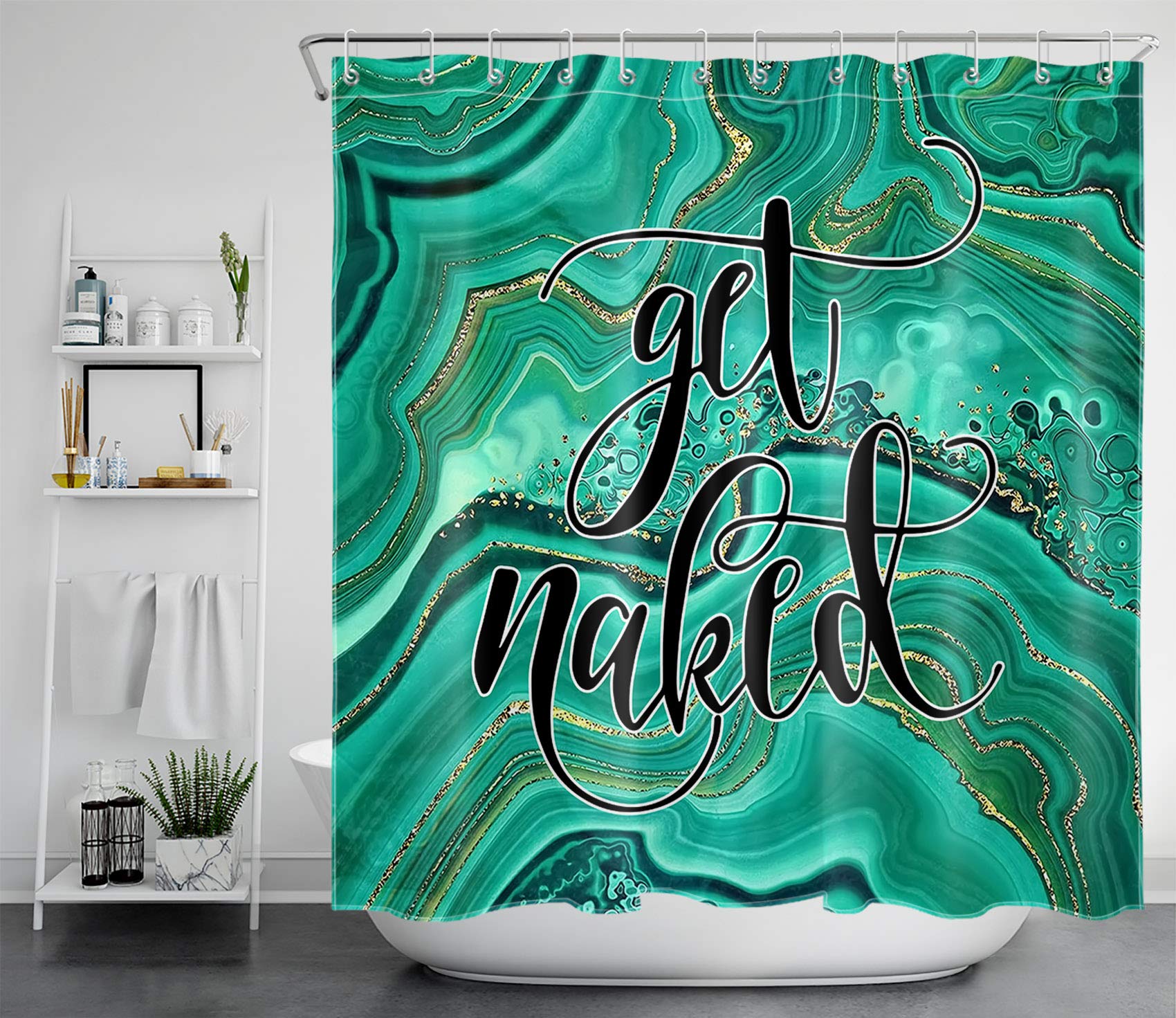ECOTOB Get Naked Shower Curtain - Waterproof Teal Marble Abstract Design with Gold Lettering, 69x70 Inch Bathroom Decor for Modern Homes - Perfect for Spa-Like Showers and Gift Giving