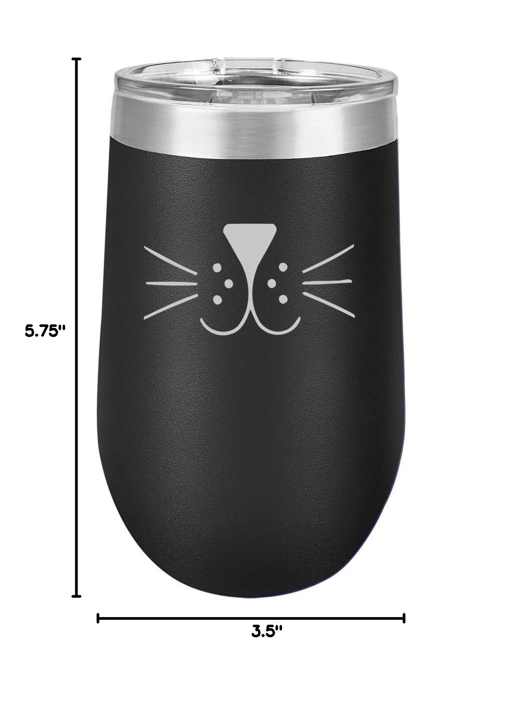 16 oz Double Wall Vacuum Insulated Stainless Steel Wine Tumbler with Lid - Stemless Coffee Travel Mug for Hot & Cold Drinks - Cute Cat Face Whiskers Design (Black) - Perfect for Office, Commuting, Camping and Gifts