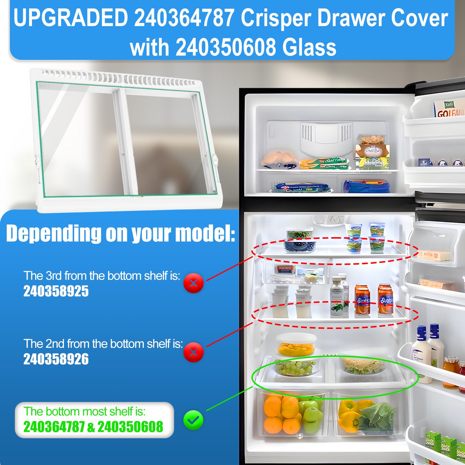 UPGRADED Refrigerator Crisper Drawer Cover with Glass Replacement - Compatible with Frigidaire & Kenmore Fridge Models (240364787 & 240350608) - Durable Fridge Crisper Pan Drawer Cover for Fresh Food Storage & Organization