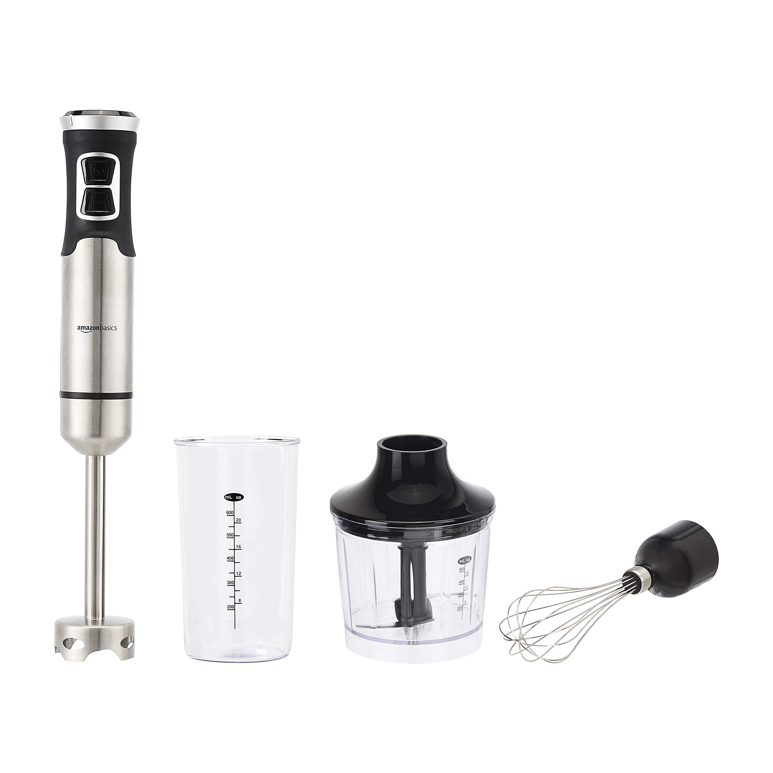 Amazon Basics 500W 4-in-1 Immersion Blender Handheld - Powerful Stick Blender with Whisk, Chopper & Beaker - Continuous Speed Control & Turbo Mode - 5ft Cord - Perfect for Smoothies, Soups, Sauces & Baby Food (Silver)