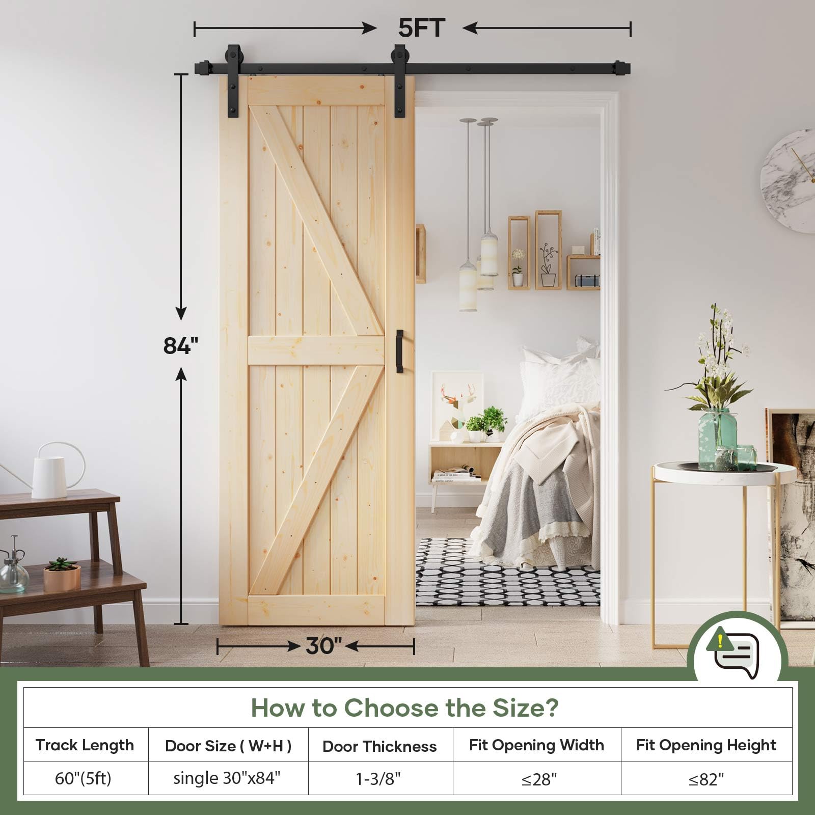 30x84 Inch Rustic Sliding Barn Wood Door Slab with 5ft Heavy-Duty Hardware Kit - Easy DIY Installation for Farmhouse, Loft & Industrial Style Homes - Perfect for Bedrooms, Closets, Pantries & Room Dividers