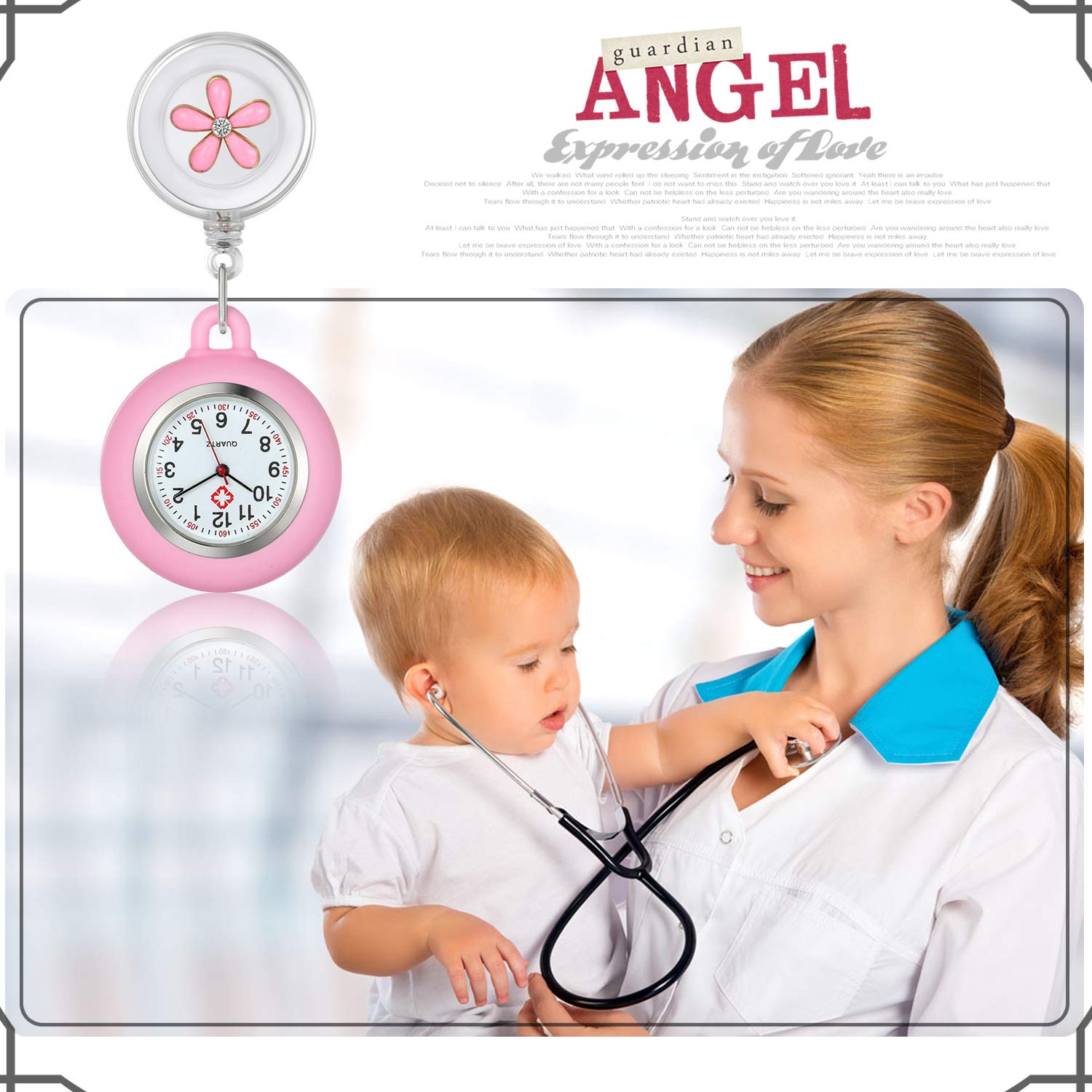 Lancardo Clip-On Nurse Watch for Doctors & Nurses - White Silicone Retractable Fob Watch with Cute Leaves Pattern - Perfect for Medical Professionals, Clinical Shifts & Healthcare Work