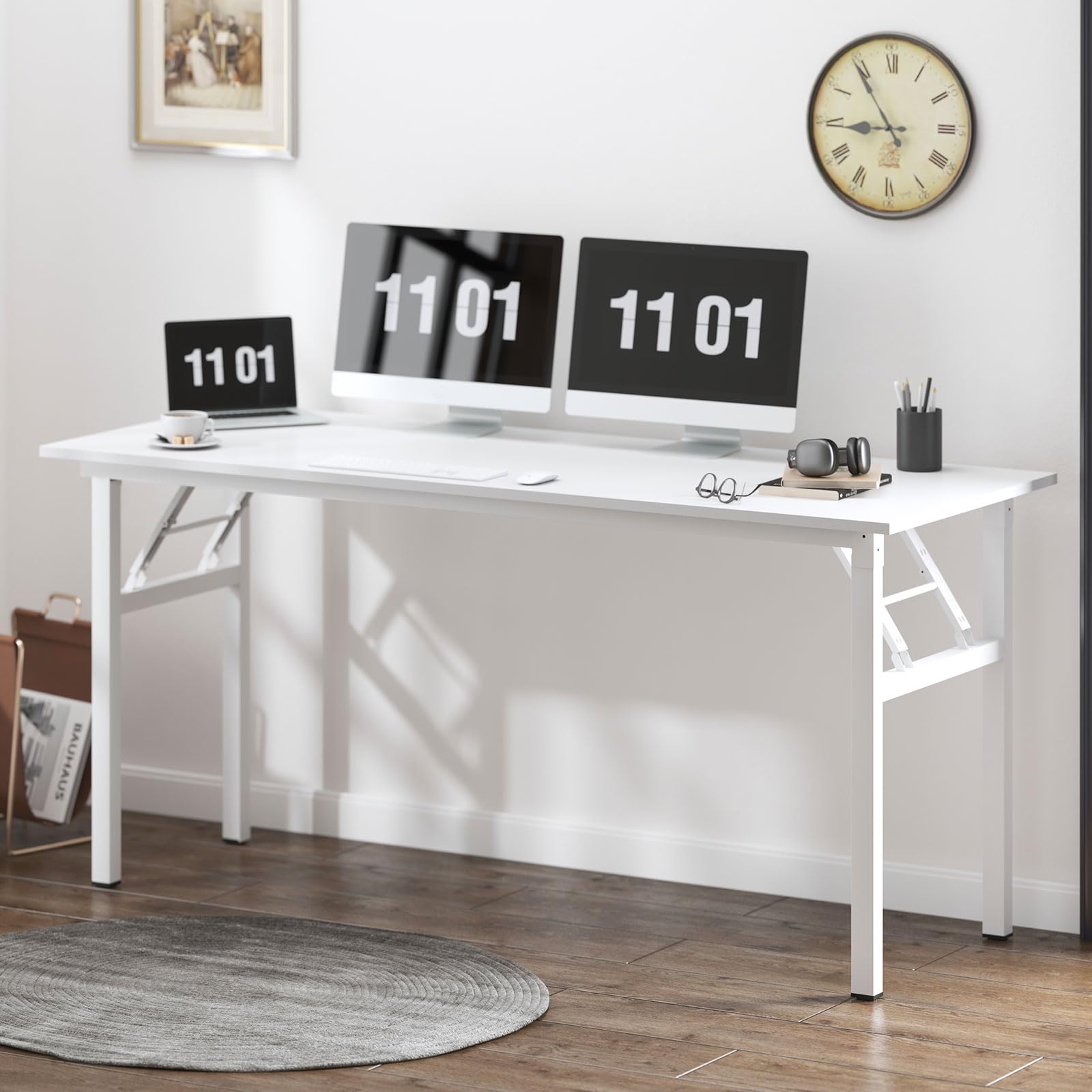 SogesFurniture 62 Inch White Computer Desk - Home Office Desk, Study Writing Table, Workstation with Metal Frame & Folding Design | Perfect for Small Spaces, Gaming Setup & Remote Work