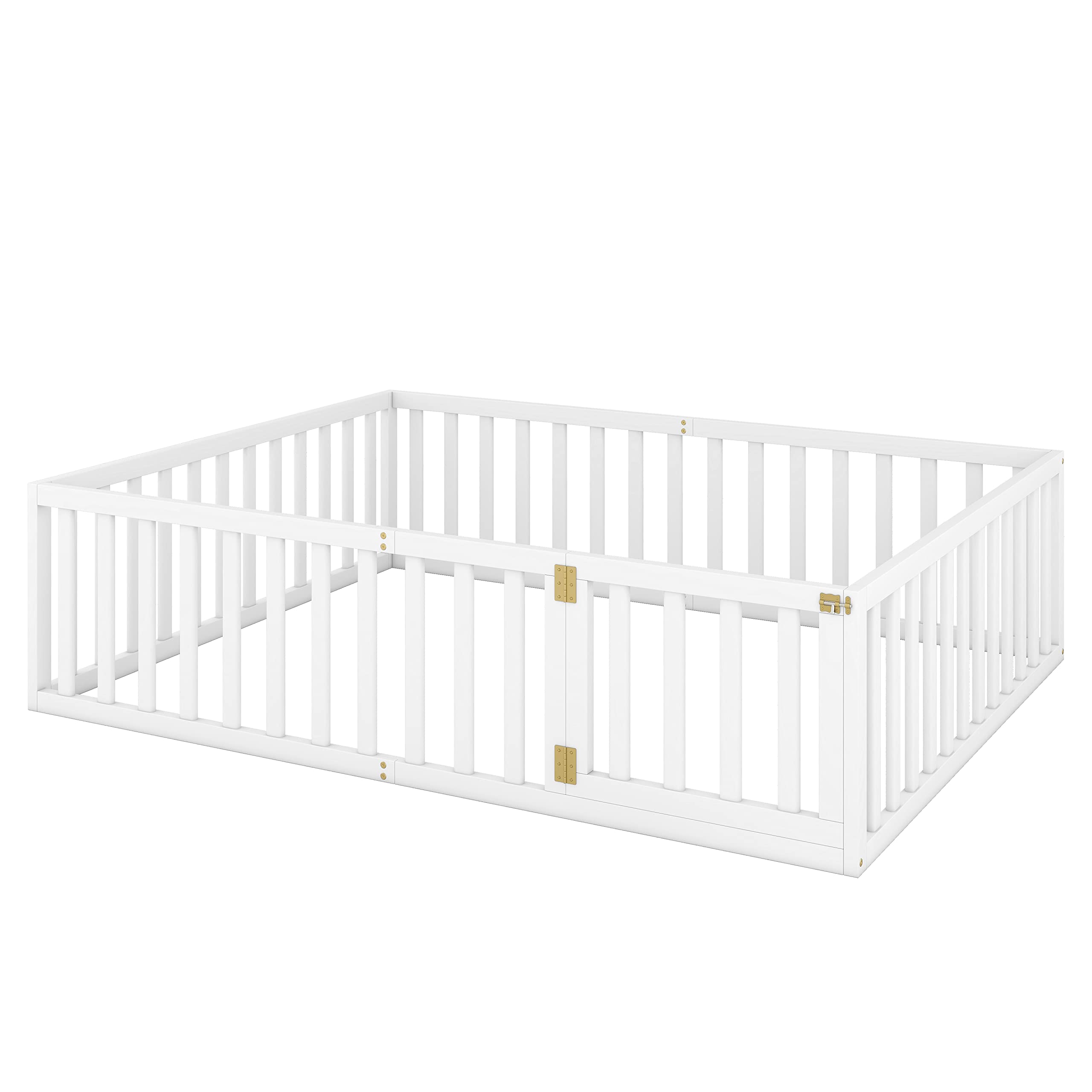 LZ LEISURE ZONE Queen Size Platform Bed with Fence - Solid Wood Floor Bed Frame with Door - Sturdy Queen Daybed Frame in White - Perfect for Guest Rooms, Dorms & Small Space Living