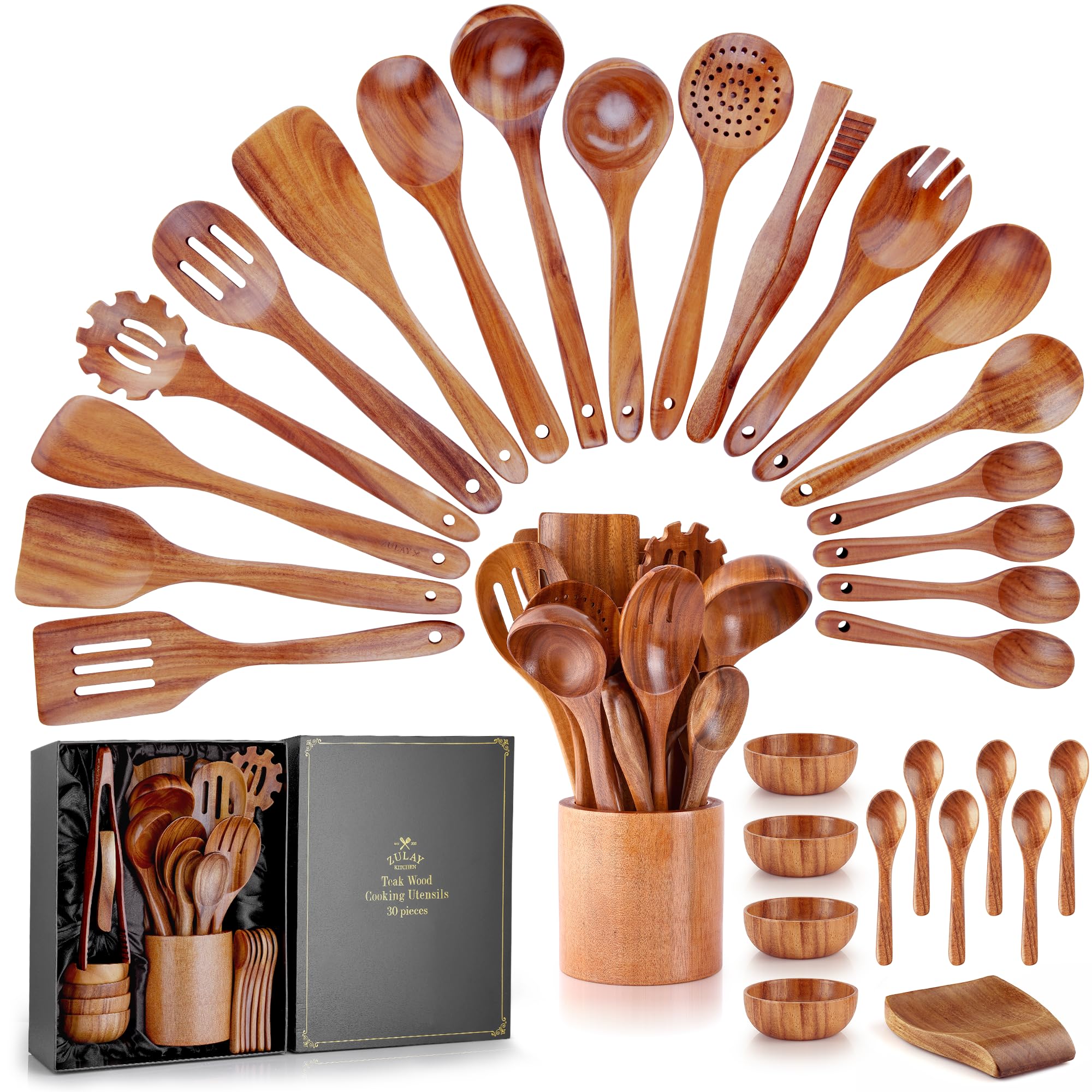 Premium 30-Piece Teak Wooden Kitchen Utensil Set with Gift Box - Natural Non-Stick Cooking Spoons & Tools - Ergonomic Grip for Comfortable Use - Perfect for Home Chefs, Wedding Gifts & Housewarming Presents