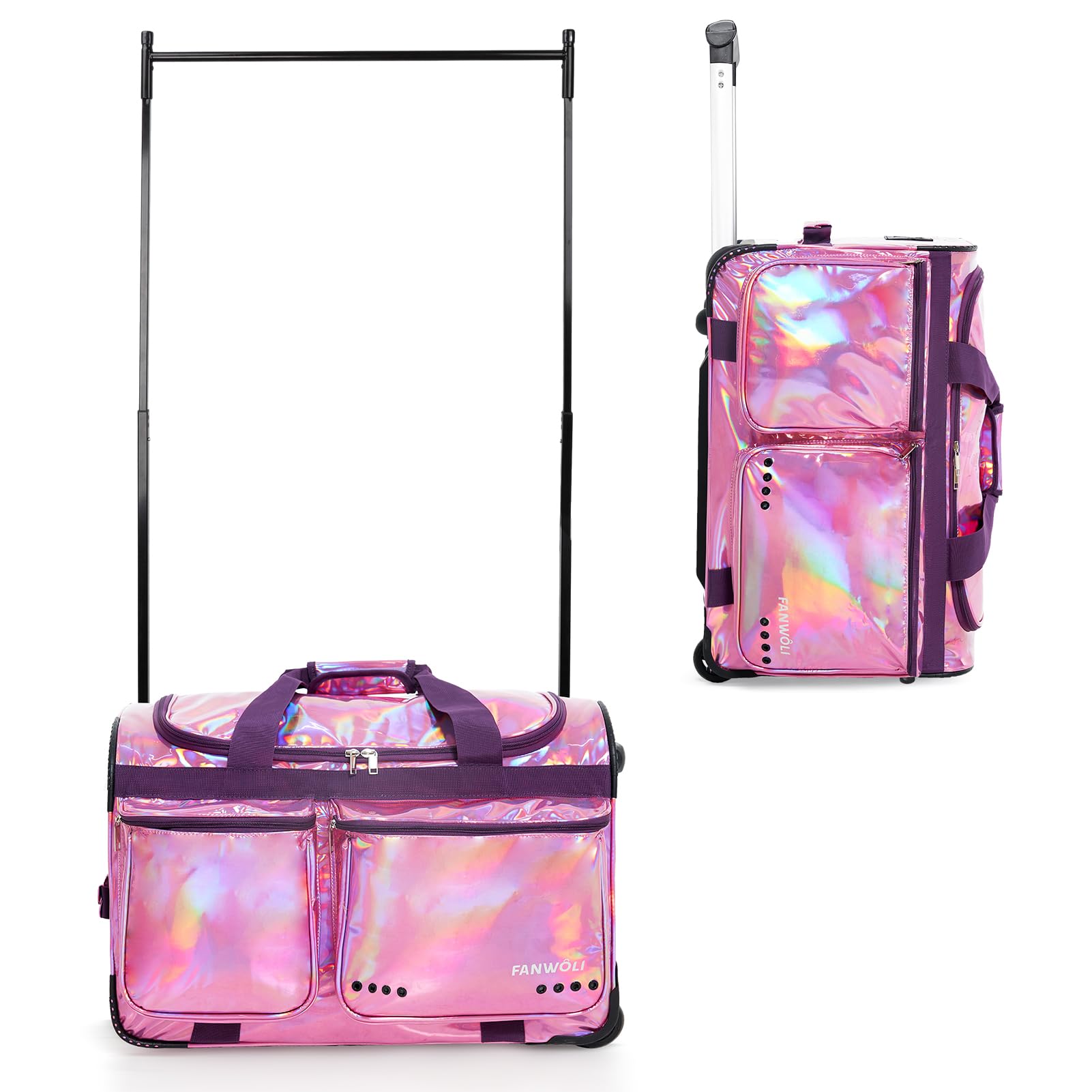 Fanwoli 23-Inch Prism-Glowing Waterproof Dance Duffle Bag with Garment Rack | Iridescent Competition Bag for Dancers, Cheerleaders & Kids | Laser Purple | Perfect for Dance Recitals, Gym Storage & Travel
