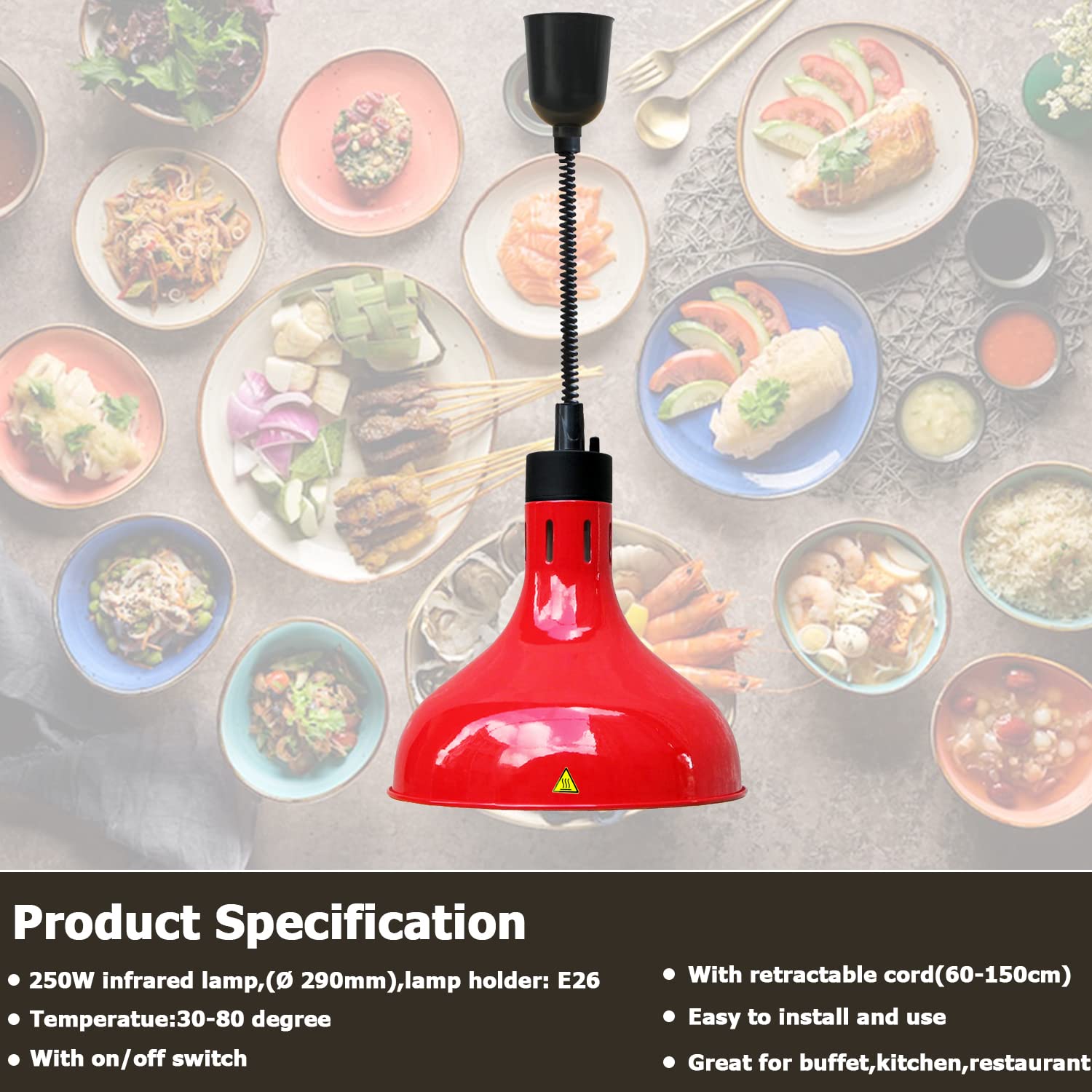 Commercial Food Warmer Lamp - 29cm Diameter Adjustable Buffet Heater (60-150cm Height) - Red - Perfect for Restaurants, Catering & Buffet Service