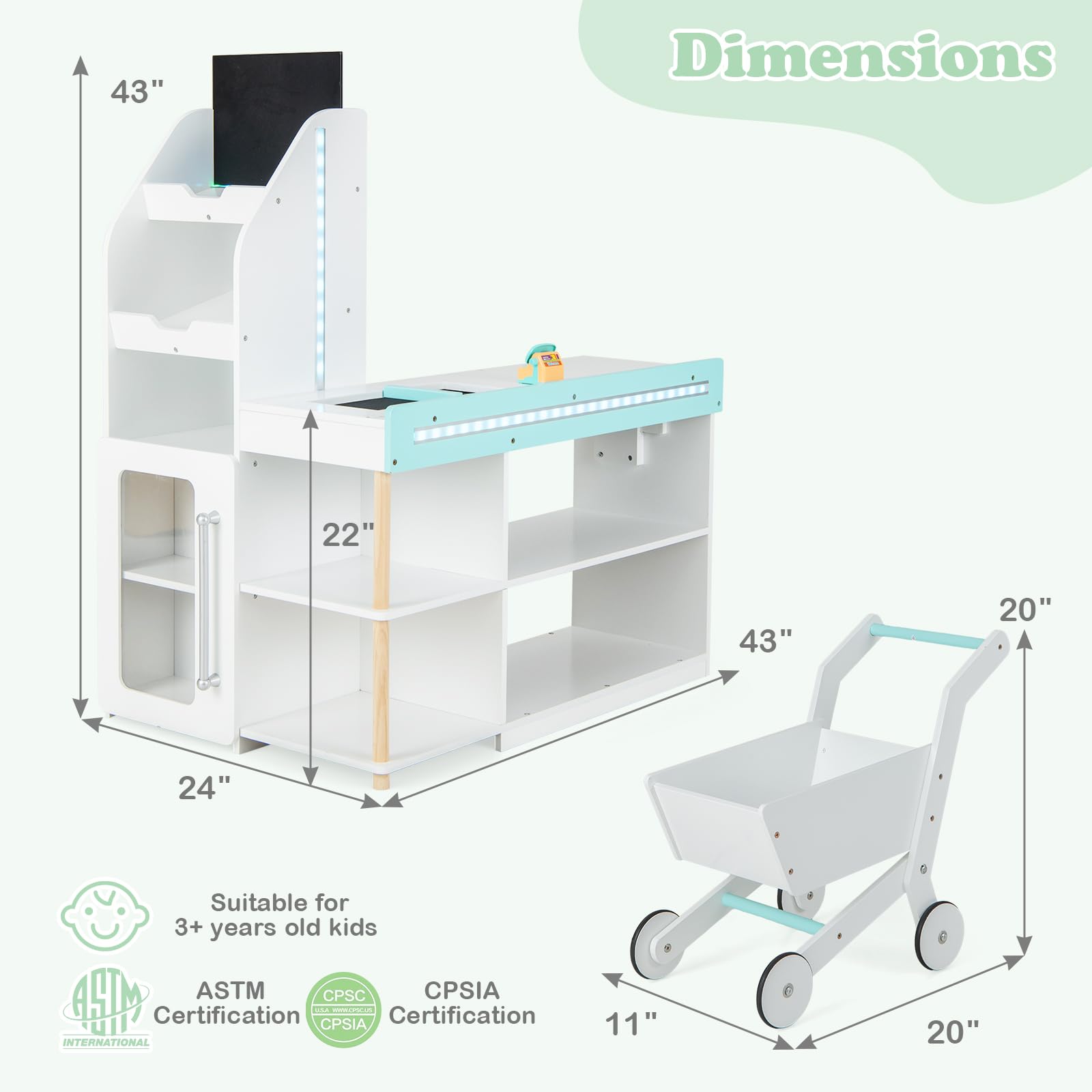HONEY JOY Kids Wooden Grocery Store Playset with Cash Register & Working Conveyor Belt - Pretend Play Supermarket Toy with Checkout Counter, Lights & Food Accessories - Educational Role Play for Toddler Boys & Girls (White) - Perfect for Home, Classroom & Daycare Pretend Play Activities