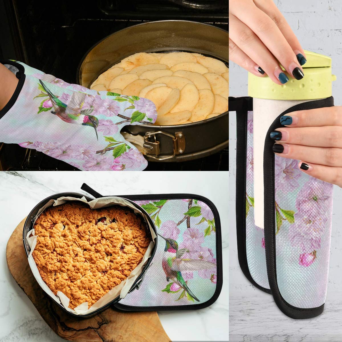 Spring Hummingbird Floral Oven Mitts & Pot Holders Set - 2pcs Heat Resistant Kitchen Gloves with Non-Slip Grip for Baking, Cooking, BBQ - Pink Summer Bird Flower Design for Home Decor & Kitchen Safety