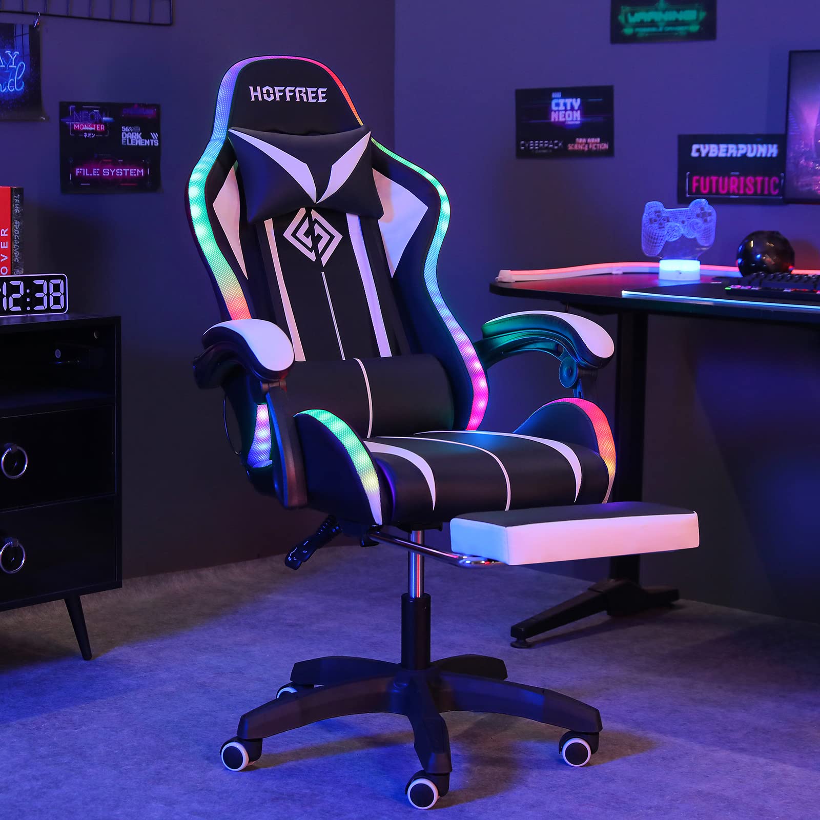 RGB Gaming Chair with LED Lights & Massage - Ergonomic High Back Computer Chair with Adjustable Lumbar Support, Footrest & Linkage Armrest - White & Black for Esports, Streaming & Home Office Setup