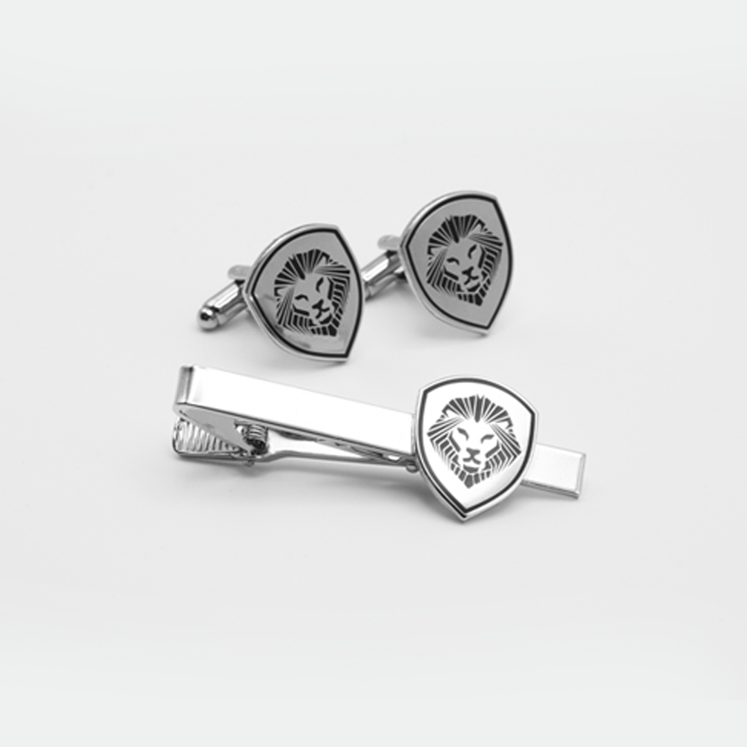 Lion Shield Valuetainment Black & Silver Cufflink & Tie Bar Set for Men - Elegant Formal Accessories for Weddings, Business Meetings & Special Occasions