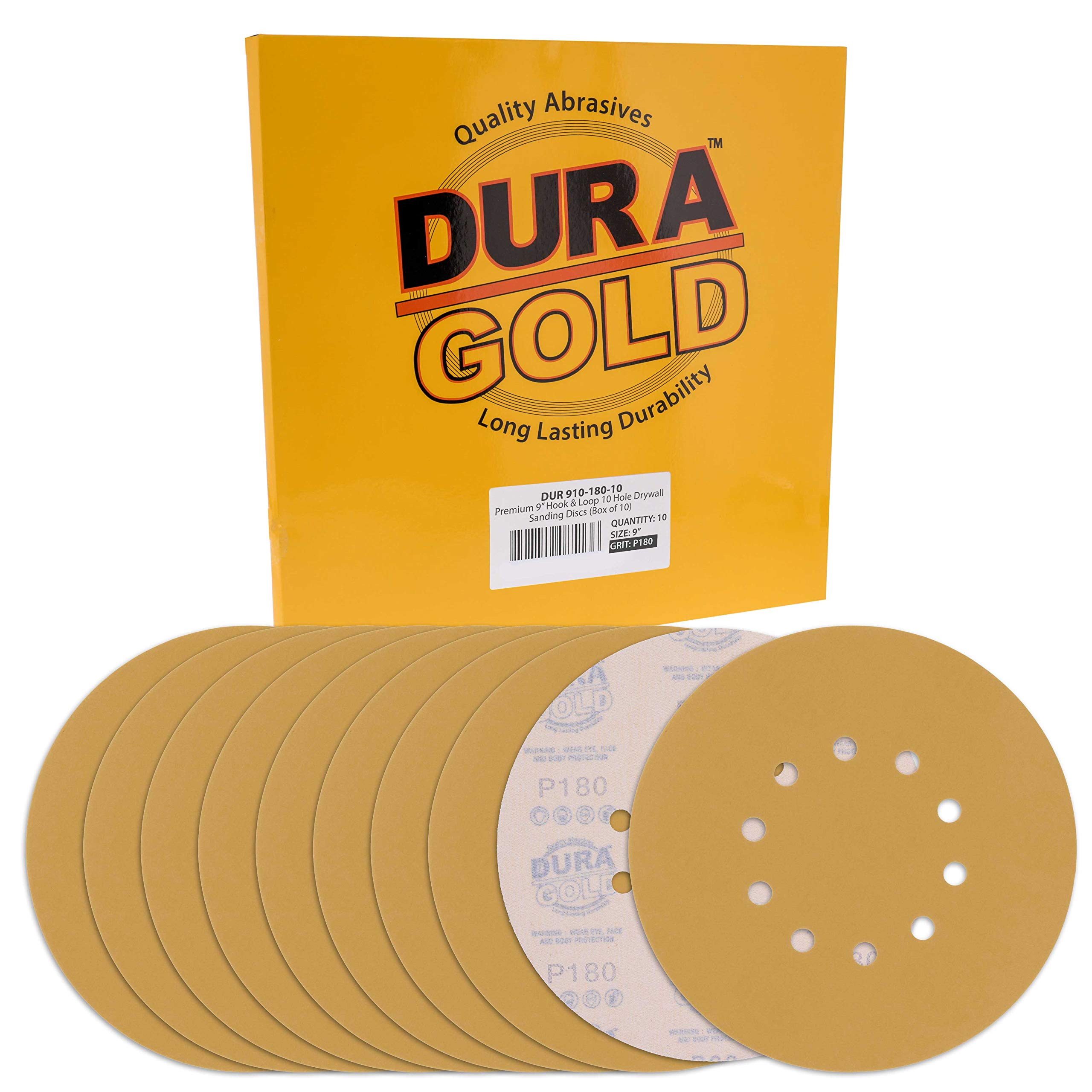 Dura-Gold Premium 9 Inch Drywall Sanding Discs - 180 Grit Aluminum Oxide Sandpaper (10-Pack) - Hook & Loop Backing with 10 Hole Pattern for Fast Cutting - Compatible with Power Sanders for Drywall, Wood Sanding & Surface Preparation