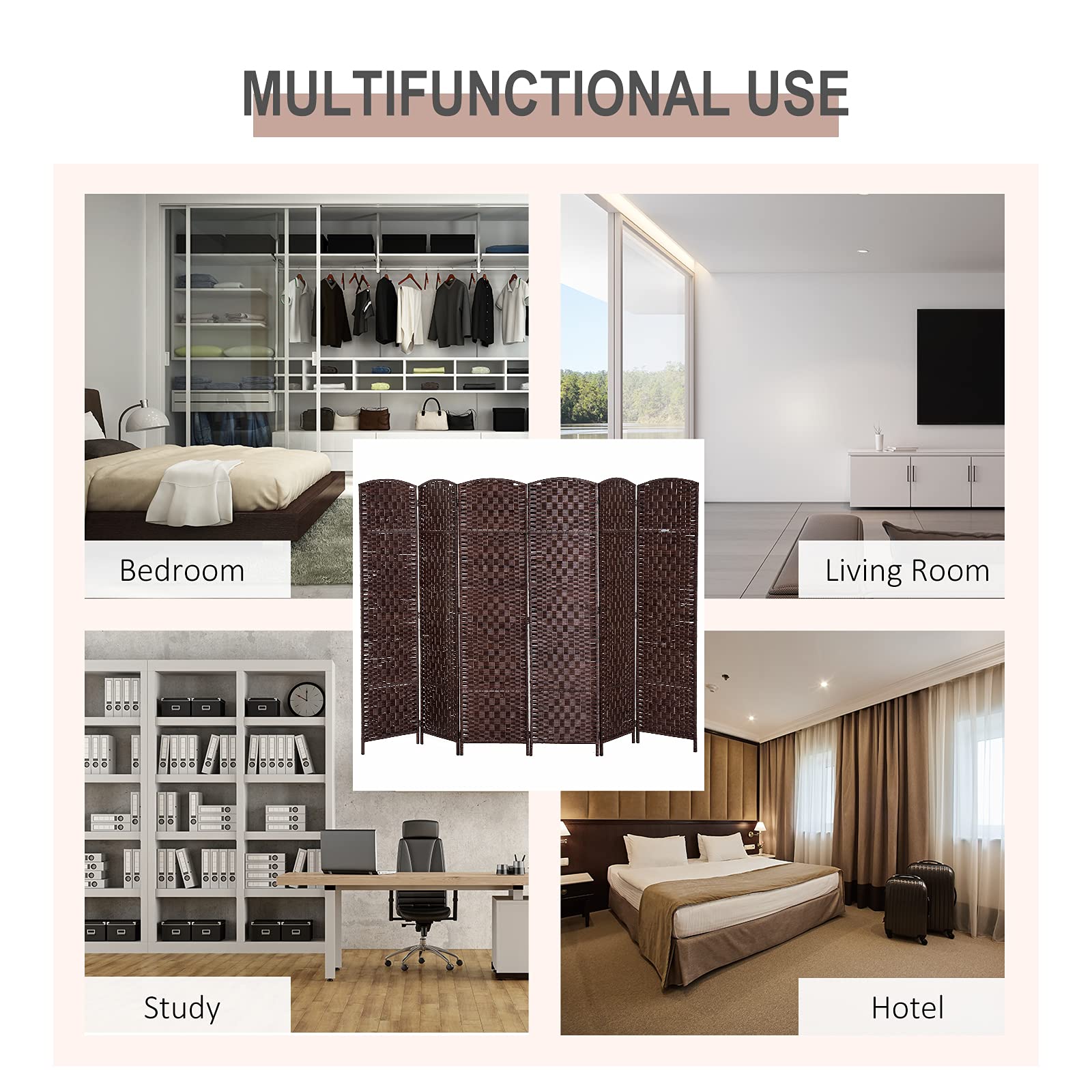 HOMCOM 6FT Tall 6-Panel Folding Privacy Screen - Portable Wicker Weave Room Divider for Bedroom, Home Office, Living Room - Brown Partition Wall for Space Separation & Decoration