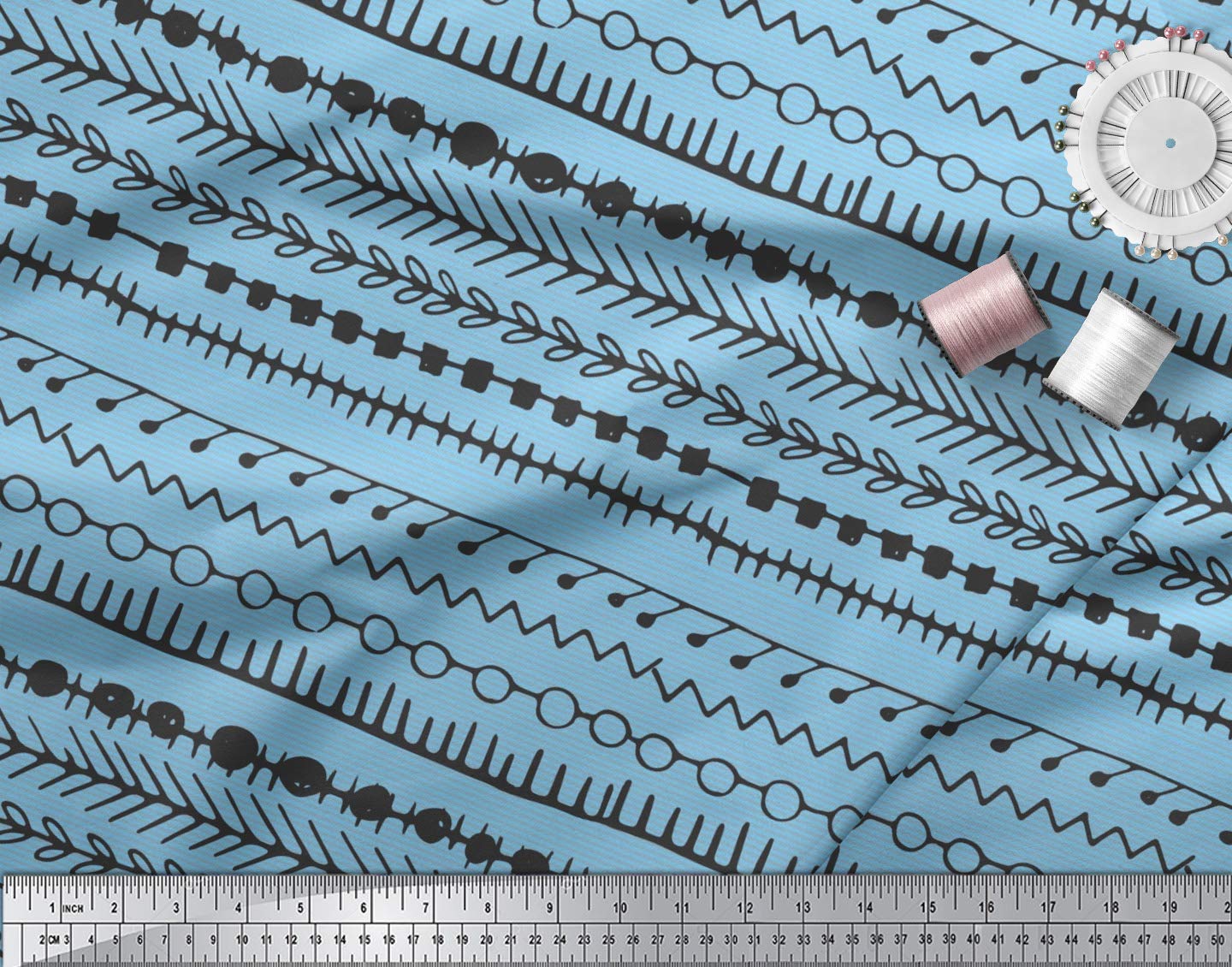 Soimoi Moss Georgette Blue Fabric by The Yard - 42 Inch Wide Aztec Geometric Printed Fabric for Dresses, Curtains & Home Decor | Tribal Contemporary Fashion Material for DIY Sewing Projects