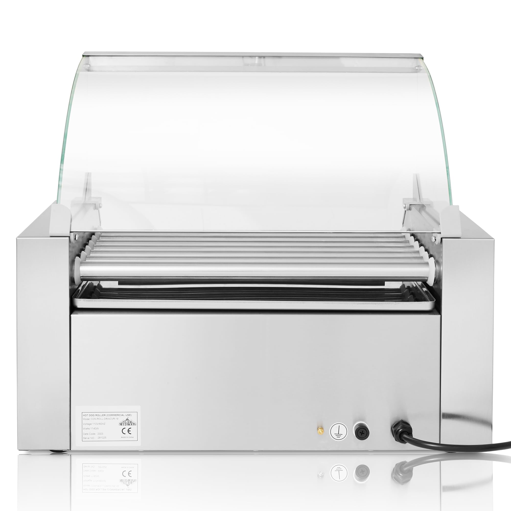 Olde Midway Electric 18 Hot Dog 7 Roller Grill Cooker Machine with Bun Warming Drawer & Cover - Commercial Grade Stainless Steel Hot Dog Roller for Restaurants, Carnivals & Concession Stands