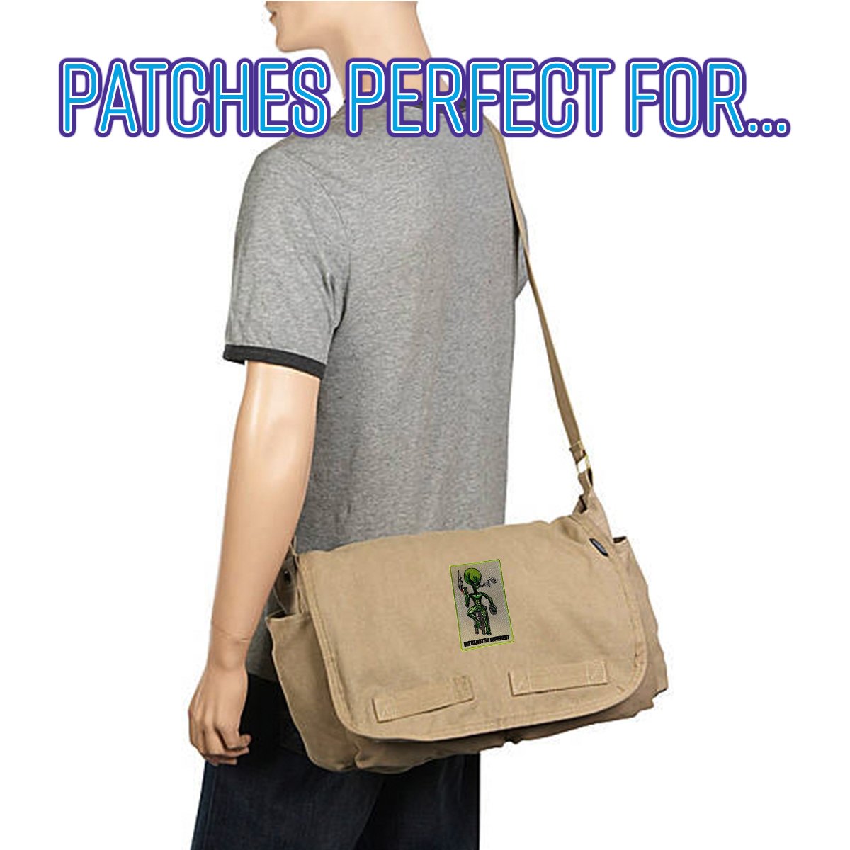 Alien on Barstool Iron On Patch - 'We're Not So Different' Novelty Applique for DIY Clothing, Jackets, Bags & Costumes