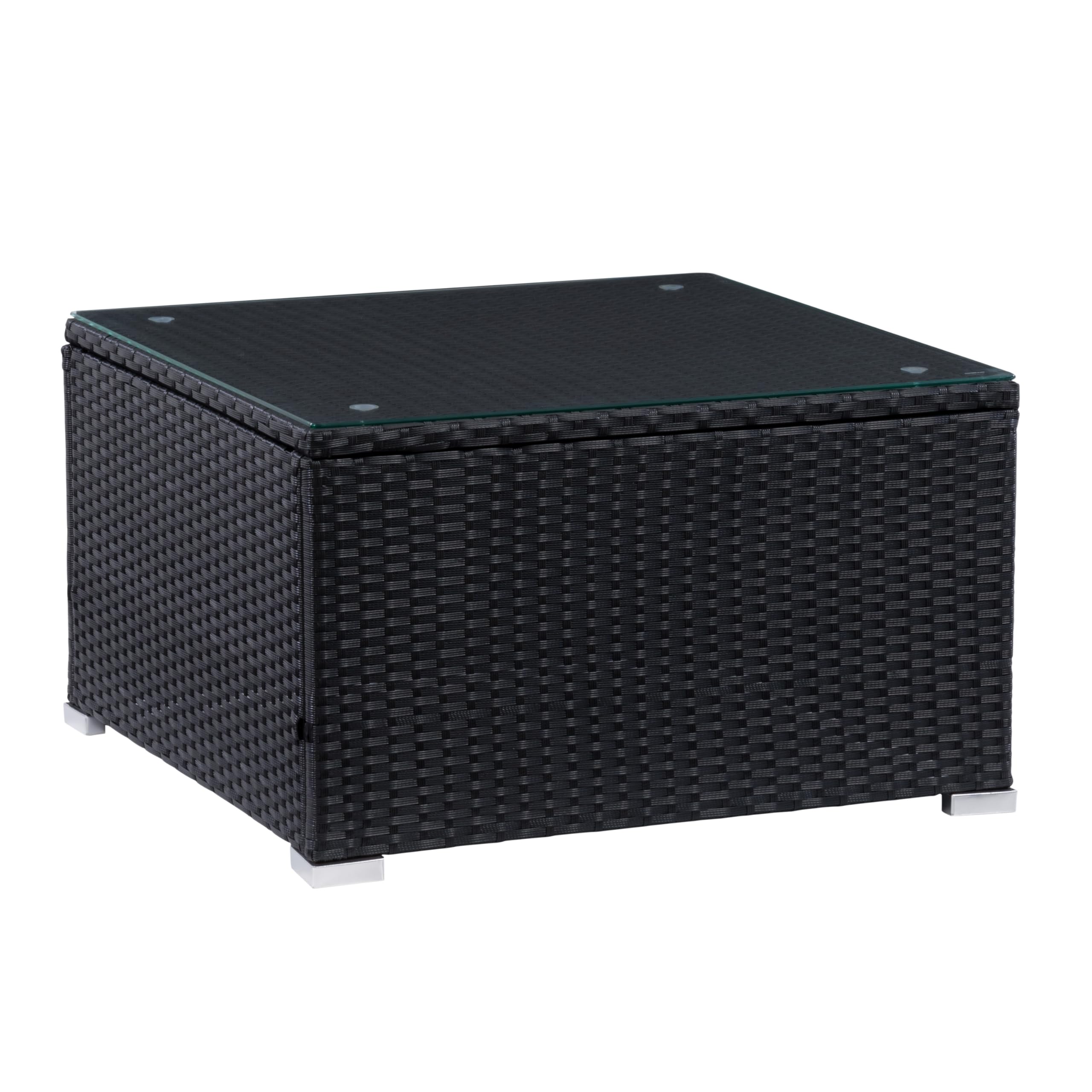 CorLiving Black Wicker Square Coffee Table with Glass Top for Patio