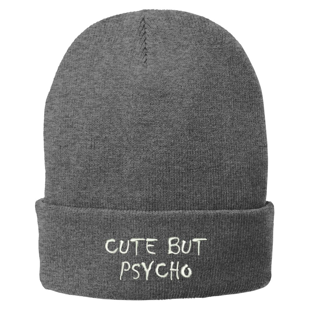Cute But Psycho Embroidered Winter Beanie Hat - Trendy Knit Cuff Long Beanie for Women - Perfect for Cold Weather & Streetwear Fashion
