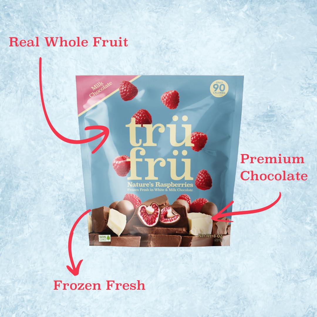 Tru Fru Nature's Raspberries Hyper-Chilled in White & Milk Chocolate - 8oz Bag | Gourmet Frozen Chocolate Covered Berries for Desserts, Snacking & Gift Giving