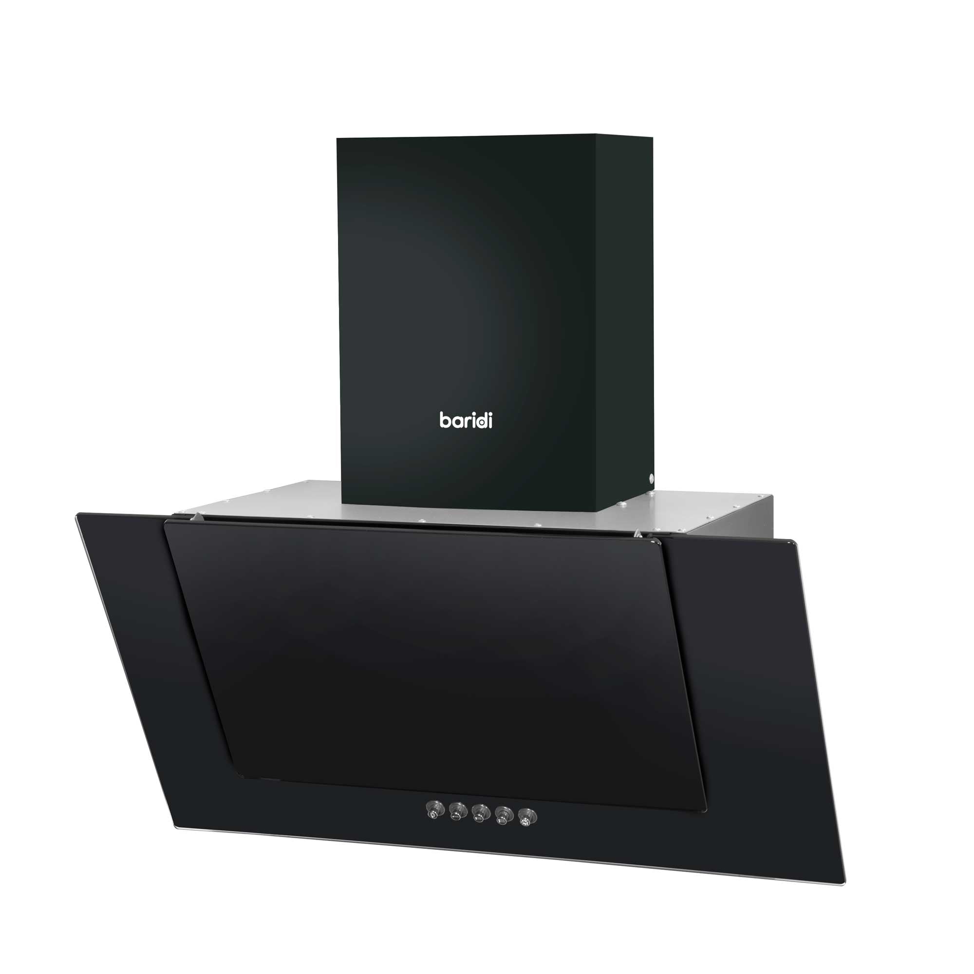 Baridi 60cm Angled Chimney Cooker Hood with Carbon Filters & LED Light - Black Glass Kitchen Extractor Fan - DH129 | Modern Ventilation for Home Cooking & Smoke Removal