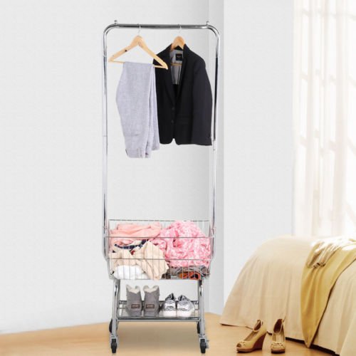 Foldable Rolling Laundry Cart with Storage Baskets & Double Pole Rack - Space Saving Clothes Hamper Organizer for Bedroom, Laundry Room & Dorm (Silver)