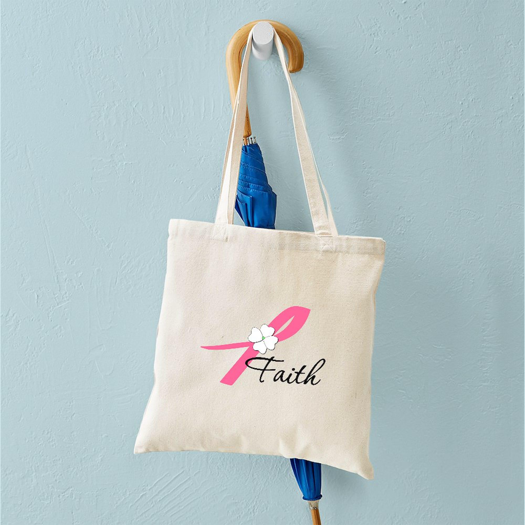 Faith Breast Cancer Awareness Tote Bag - Natural Canvas Reusable Shopping Bag for Groceries, Work, or Charity Events