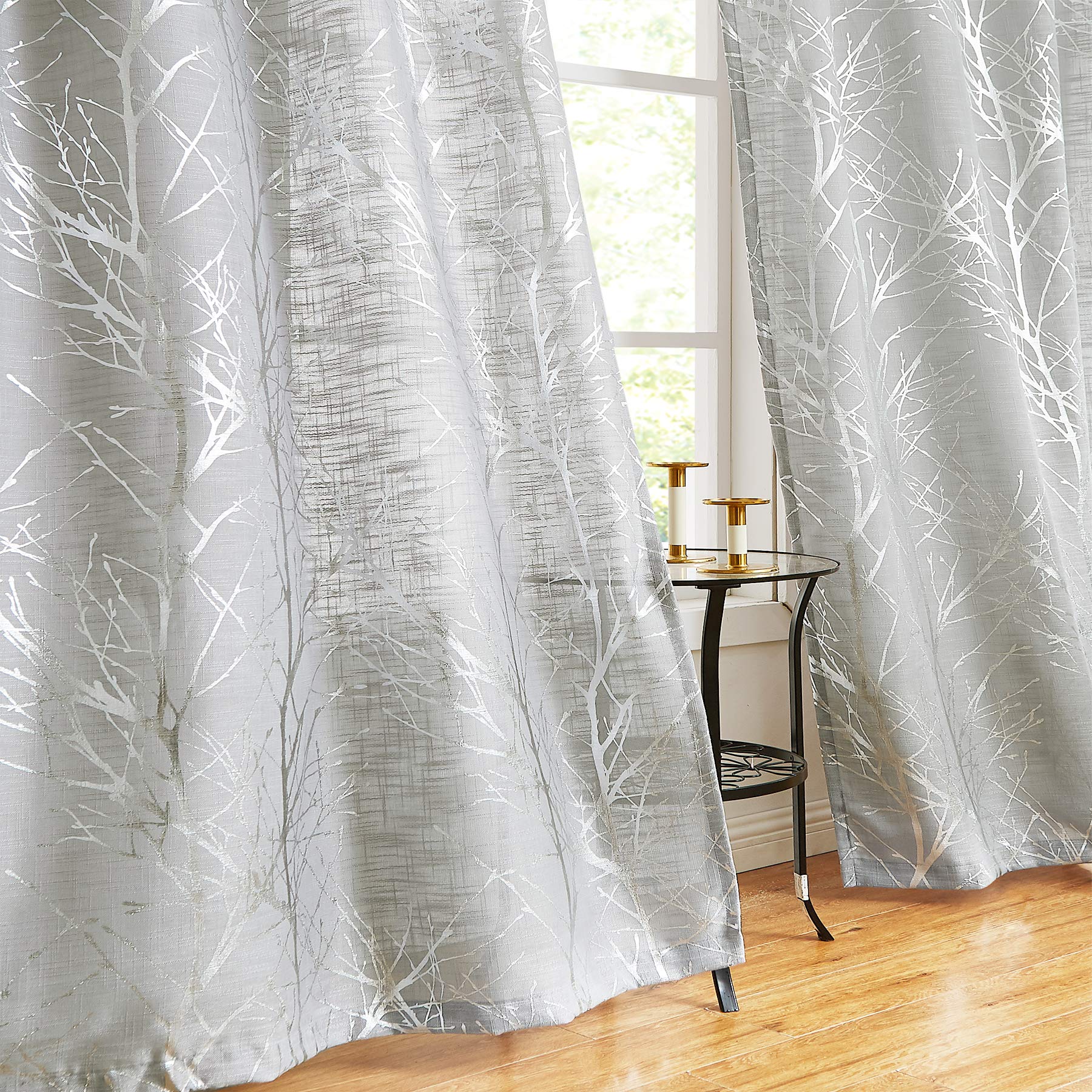 Silver Metallic Tree Print Semi-Sheer Curtains 54