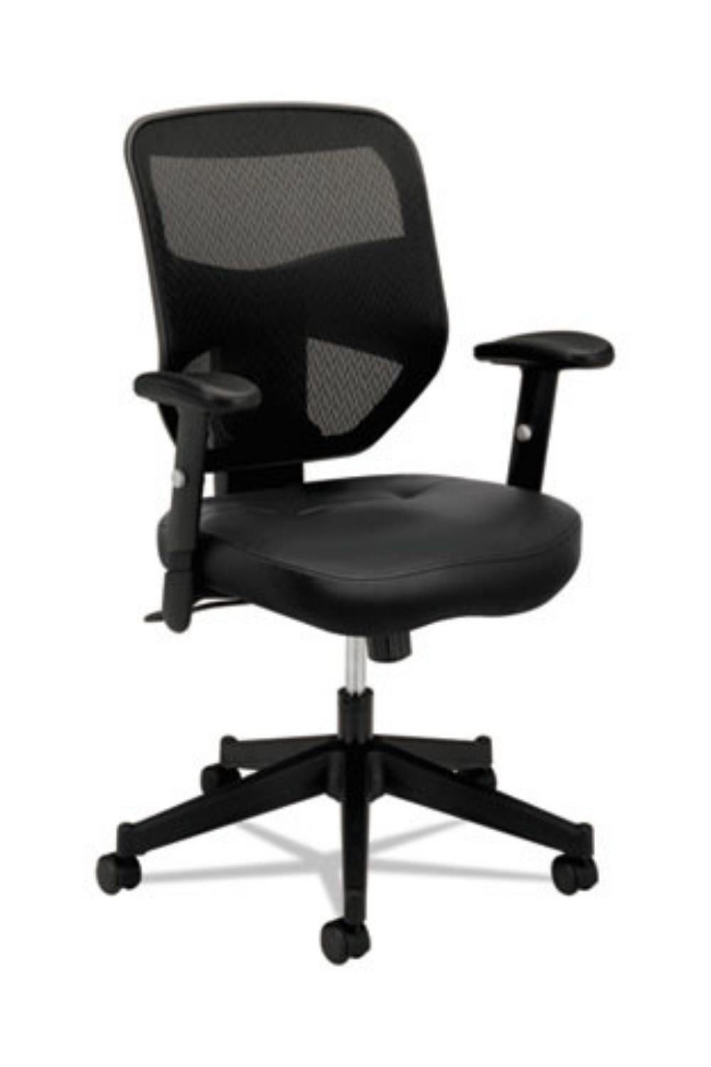 HON Prominent Mesh High Back Ergonomic Office Chair with Adjustable Arms & Center Tilt - Black Leather/Fabric Seat for Home & Business Workspaces