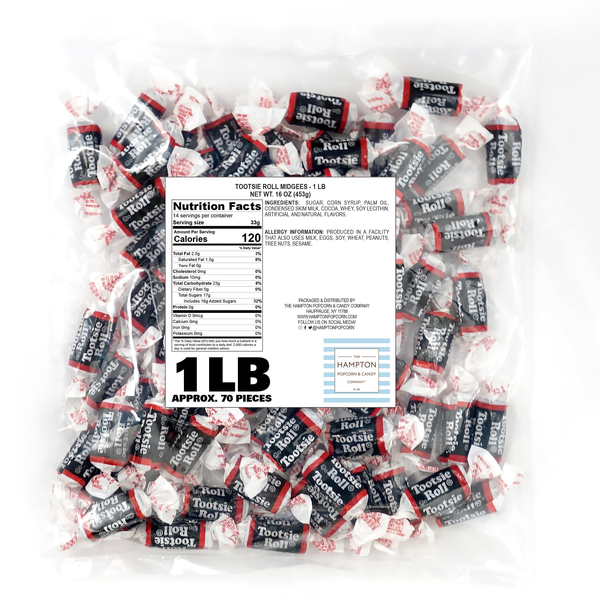 Tootsie Roll Midgees - 1lb Bulk Bag (Approx. 70 Pieces) | Mini Chewy Chocolate Candy Individually Wrapped | Bulk Candy for Parties, Halloween, Christmas & Office Treats | by The Hampton Popcorn & Candy Company
