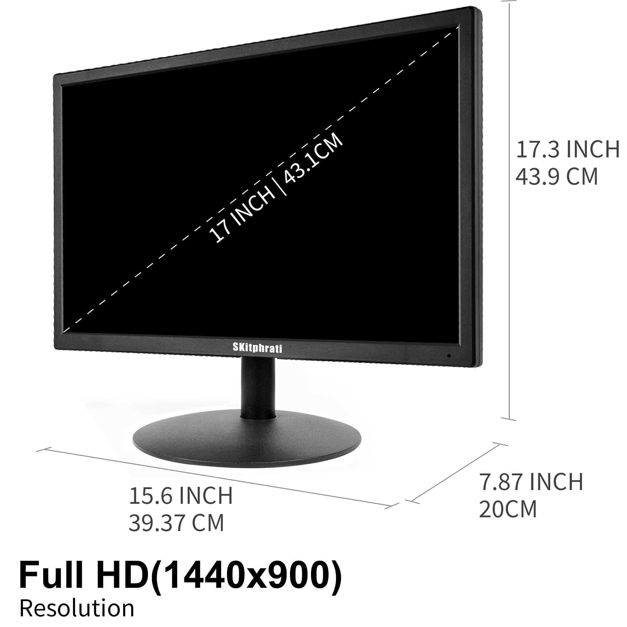 17 Inch SKitphrati LED Monitor - 1440x900 Resolution, 60Hz, 5ms Response, TN Panel, 16:10 Aspect Ratio with VESA Mount | VGA & HDMI Ports for PC, Laptop | Perfect for Home Office, Gaming & Multi-Screen Setups