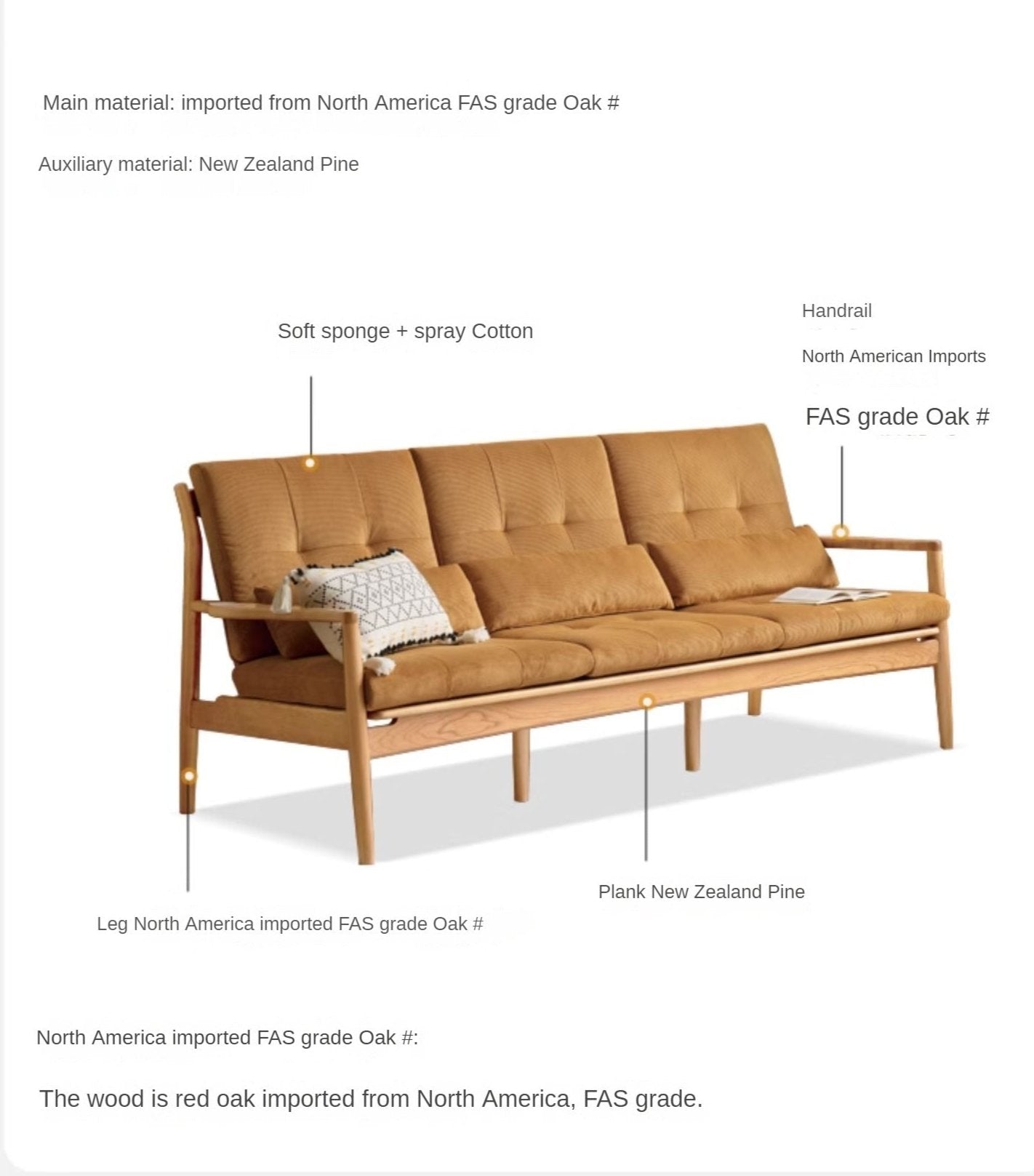 Vintage Oak Solid Wood Rattan Sofa - Convertible 2-in-1 Couch & Daybed for Living Room, Bedroom or Patio