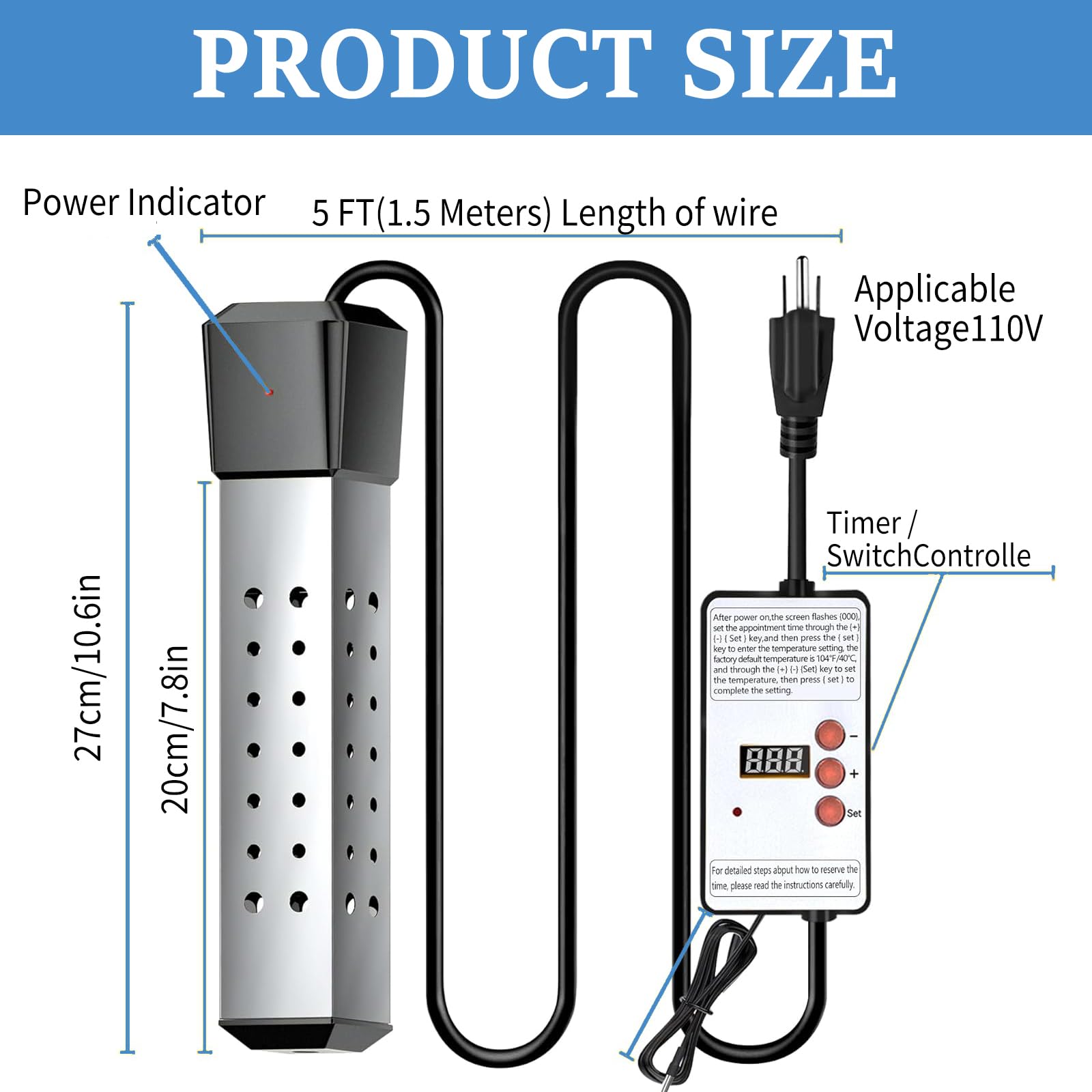 2000W Electric Immersion Water Heater - Constant Temperature Submersible Heater for Home, Pool & Bathtub | Portable Instant Water Heater with Stainless Steel Guard Cover | Perfect for Travel, Camping & Emergency Hot Water Needs