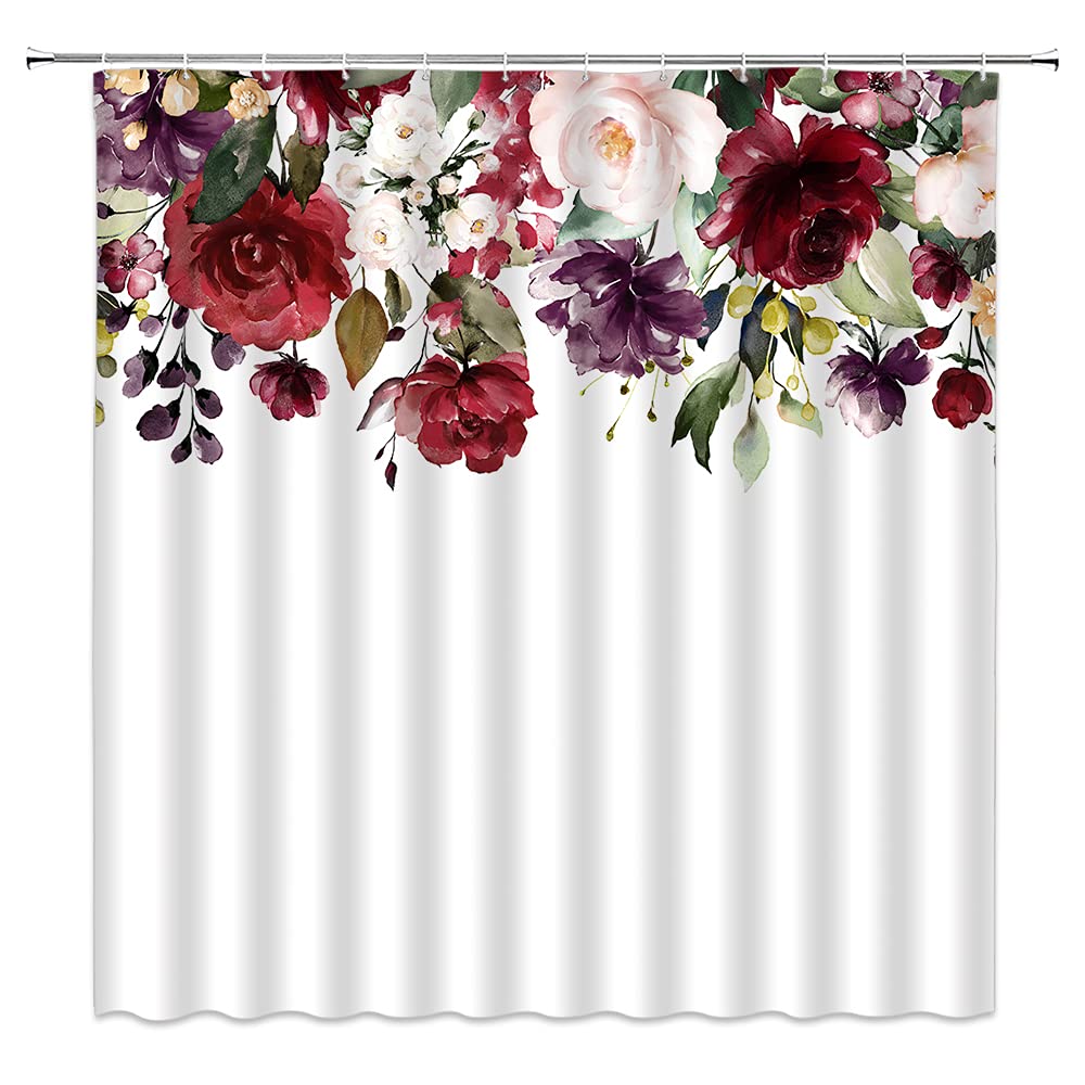 JEMXWUX Burgundy Floral Shower Curtain Set - Elegant Bohemian Bathroom Decor with Rose & Green Leaf Pattern, Includes Hooks - Perfect for Vintage Style Bathrooms & Bathtub Decorations
