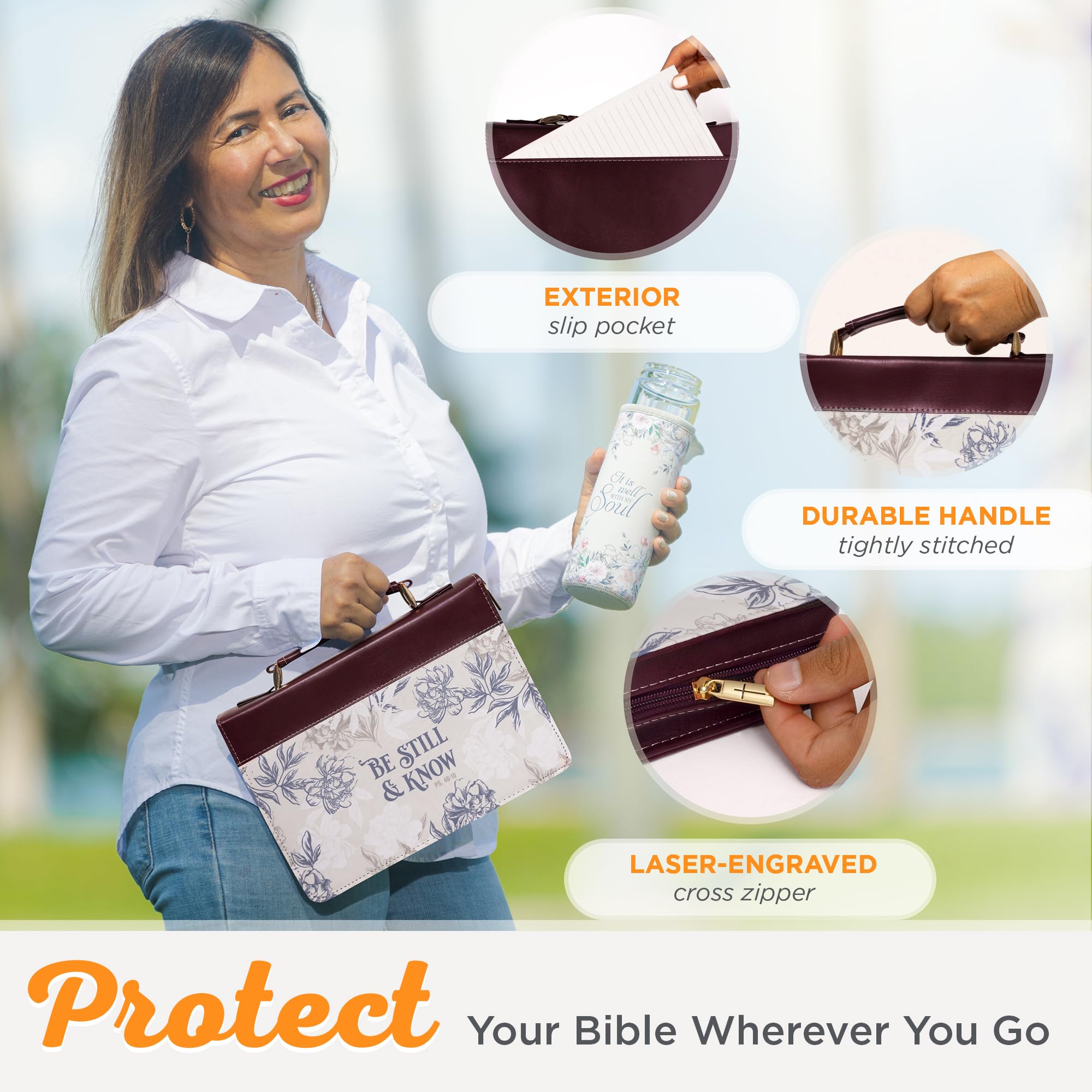 Christian Art Gifts Faux Leather Fashion Bible Cover with Psalm 46:10 'Be Still and Know' Inspirational Verse - Neutral Floral Design in Burgundy (XL Size) - Perfect for Church, Bible Study & Daily Devotion
