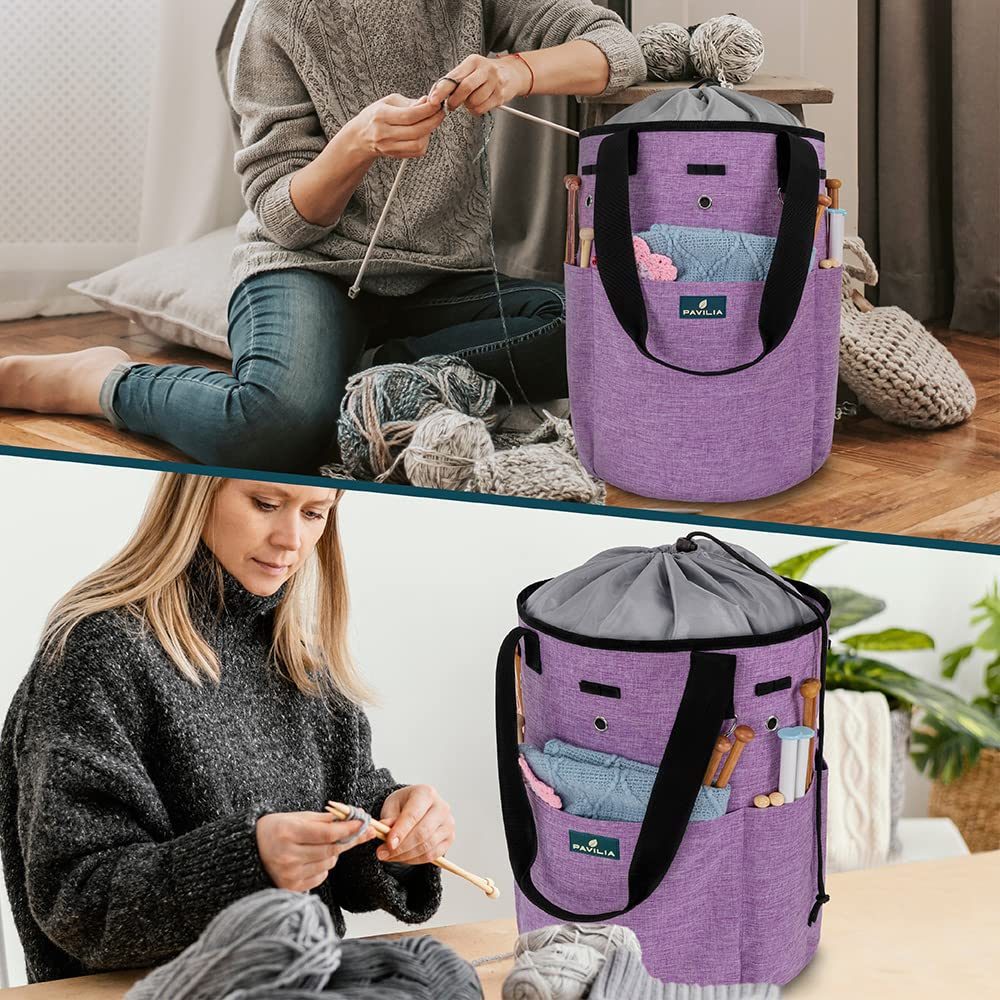 PAVILIA Crochet Yarn Bag Organizer with Grommets - Perfect Gift for Knitters & Portable Craft Storage (Heather Purple) for Travel & Home Use